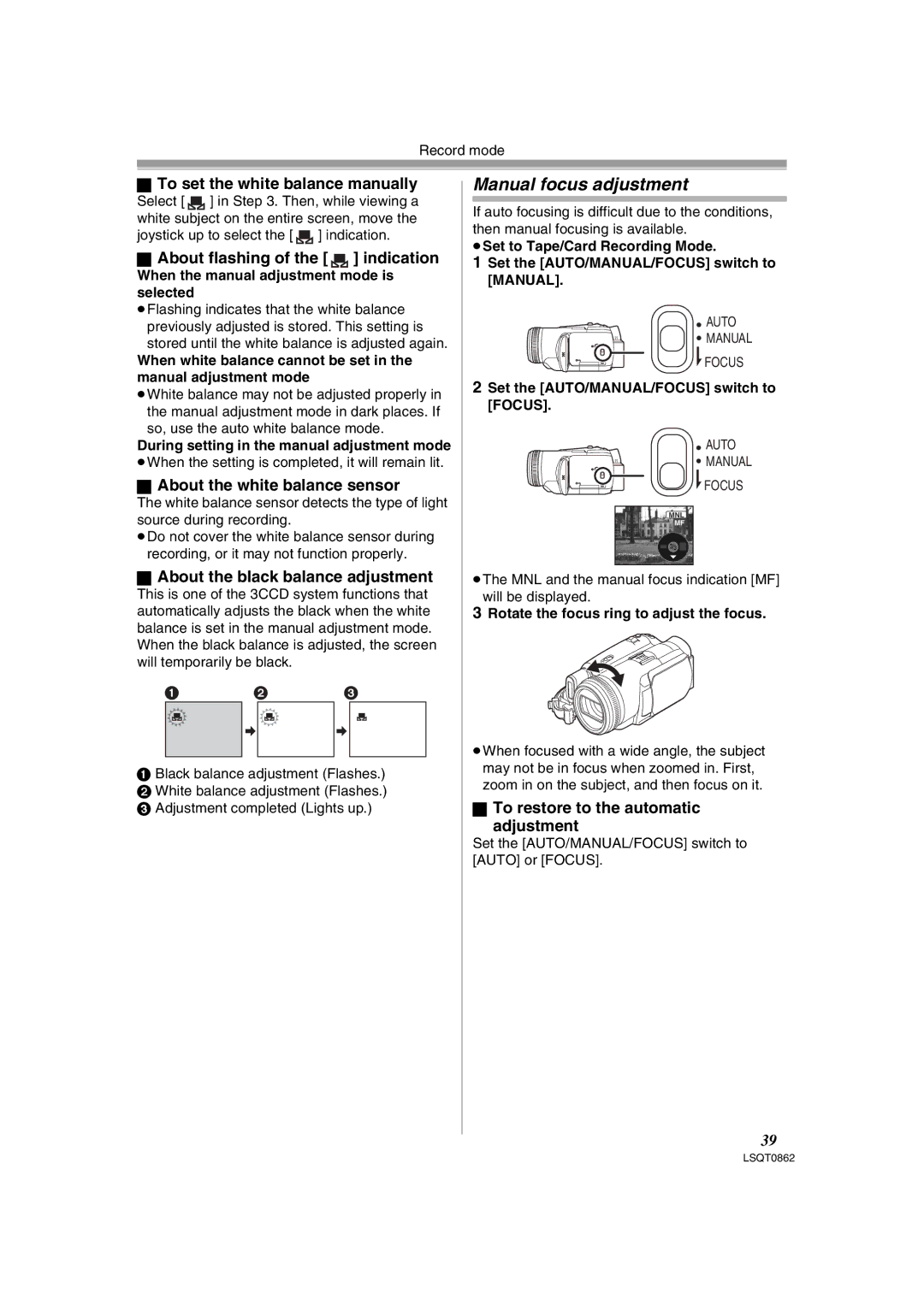 Panasonic PV-GS250 Manual focus adjustment, To set the white balance manually, About flashing of the indication 