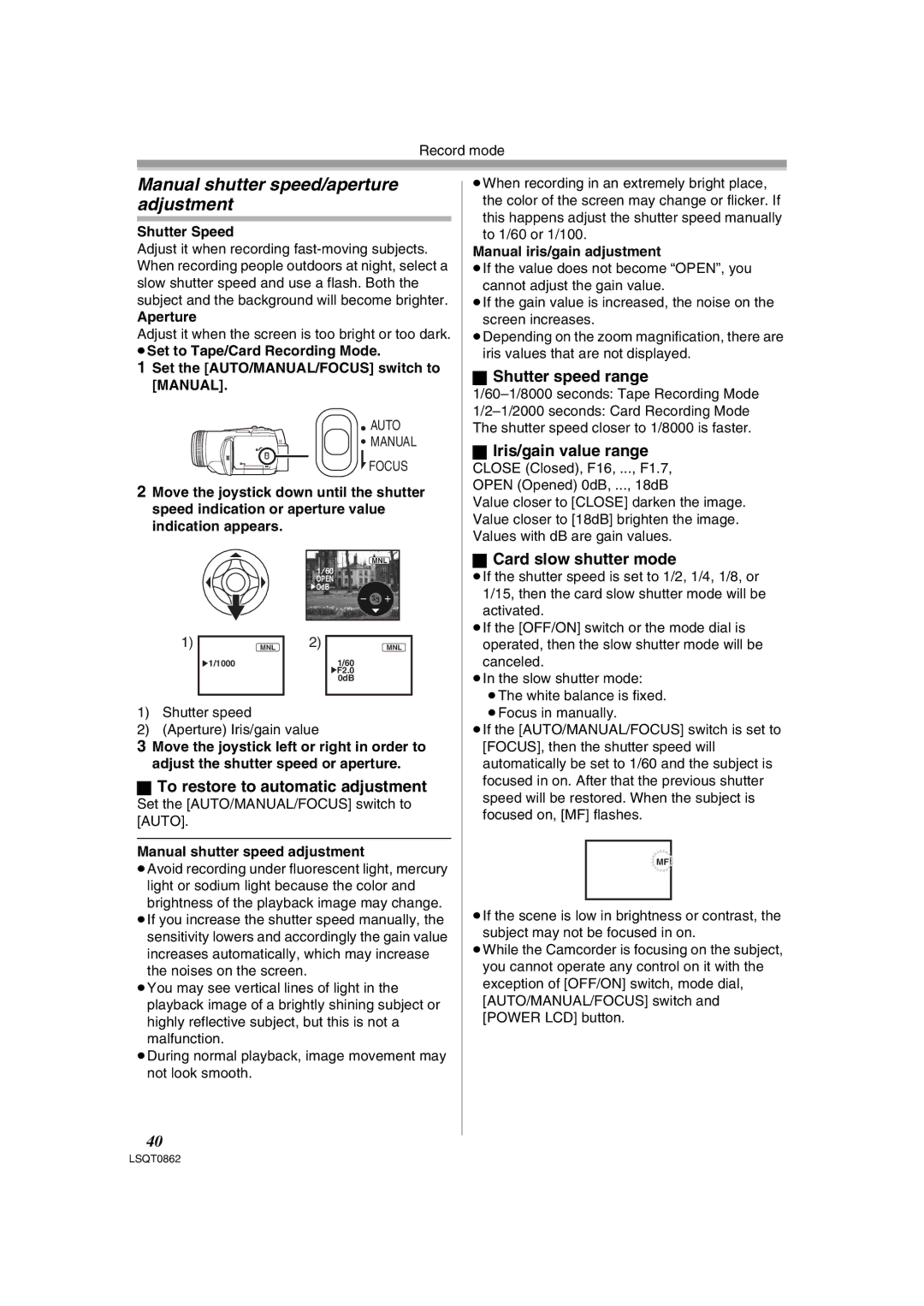 Panasonic PV-GS250 Manual shutter speed/aperture adjustment, To restore to automatic adjustment, Shutter speed range 