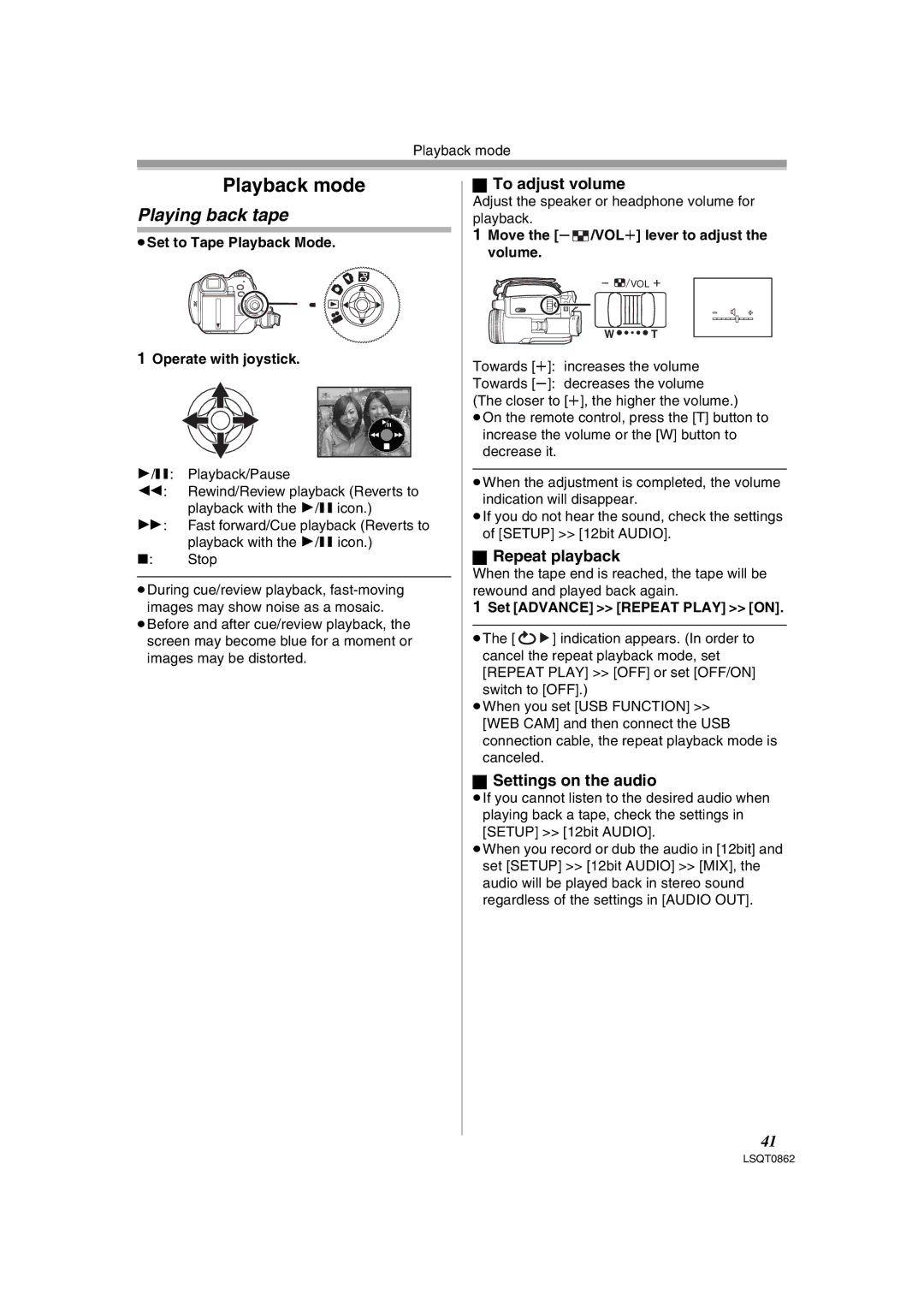 Panasonic PV-GS250 operating instructions Playing back tape, To adjust volume, Repeat playback, Settings on the audio 