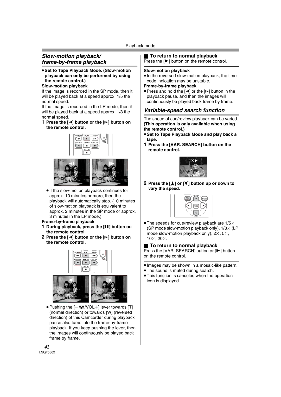 Panasonic PV-GS250 operating instructions Slow-motion playback/ frame-by-frame playback, Variable-speed search function 