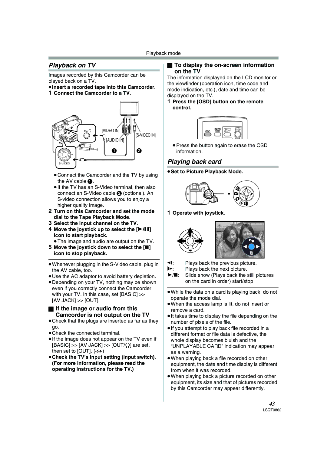 Panasonic PV-GS250 operating instructions Playback on TV, Playing back card, To display the on-screen information On the TV 