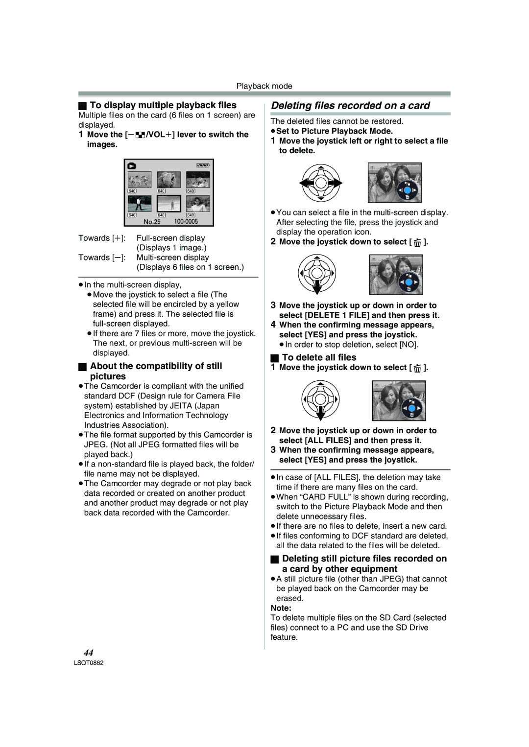 Panasonic PV-GS250 Deleting files recorded on a card, To display multiple playback files, To delete all files 