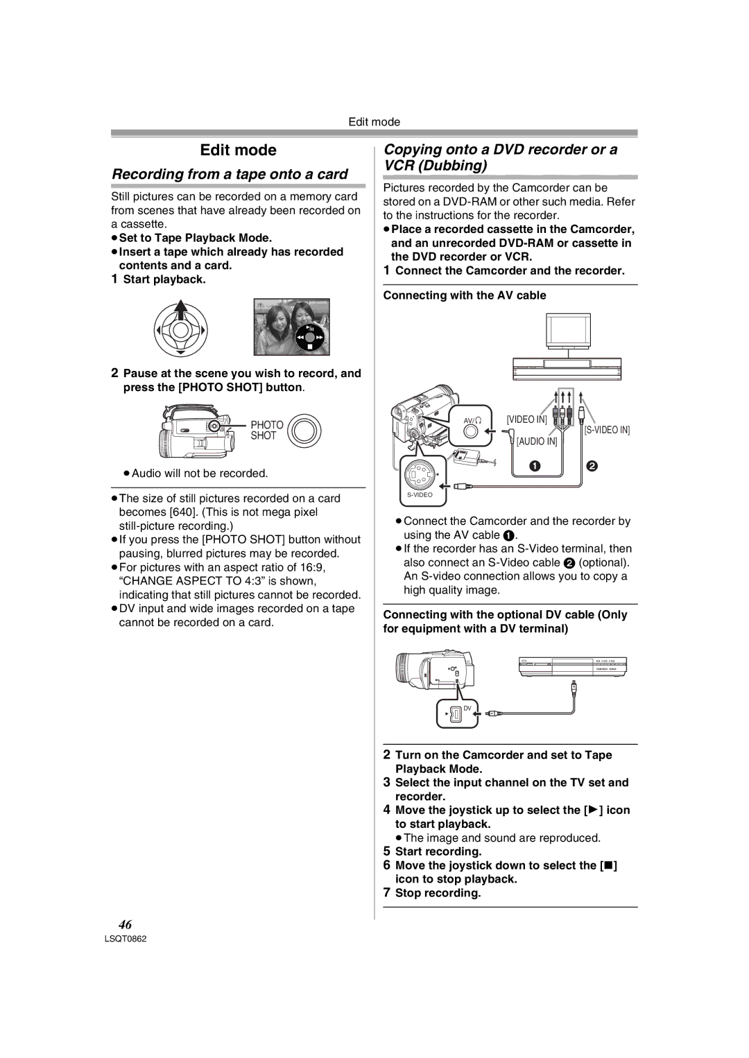 Panasonic PV-GS250 Recording from a tape onto a card, Copying onto a DVD recorder or a VCR Dubbing, Edit mode 