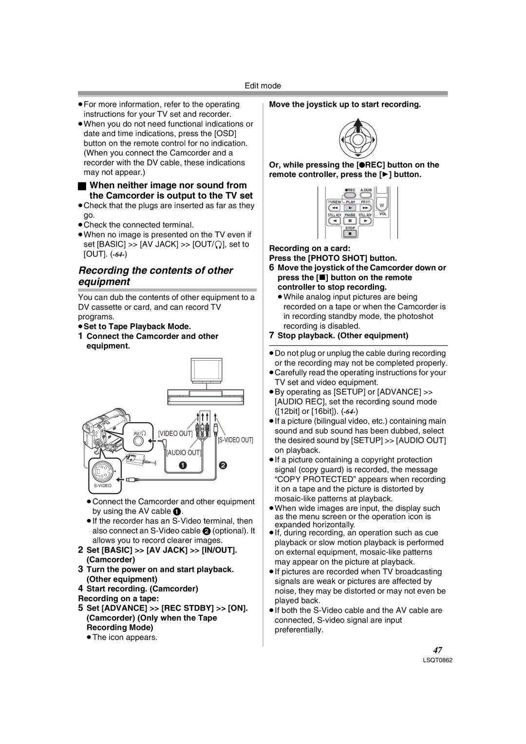 Panasonic PV-GS250 operating instructions Recording the contents of other equipment 