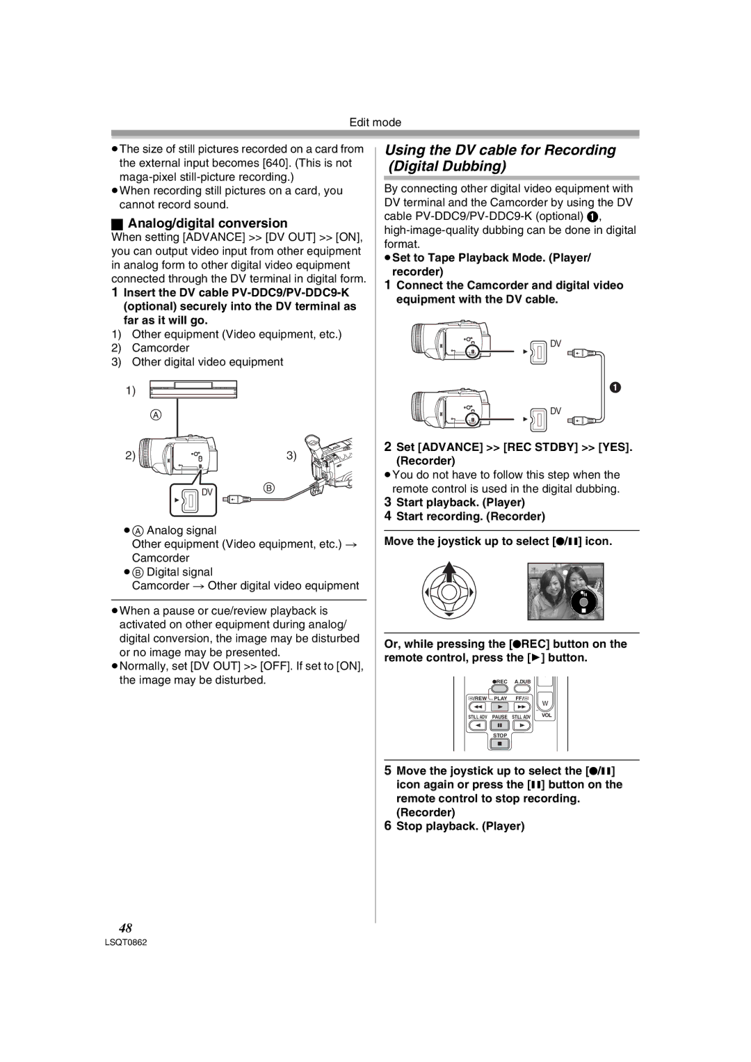 Panasonic PV-GS250 operating instructions Using the DV cable for Recording Digital Dubbing, Analog/digital conversion 