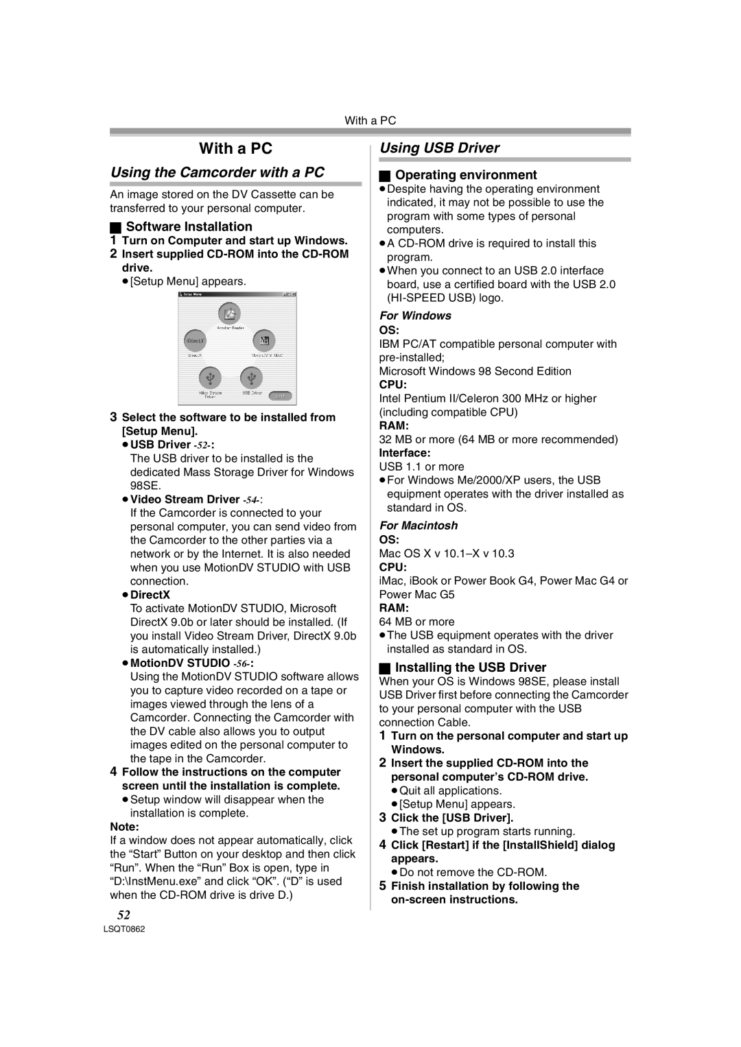 Panasonic PV-GS250 Using the Camcorder with a PC, Using USB Driver, Software Installation, Operating environment 