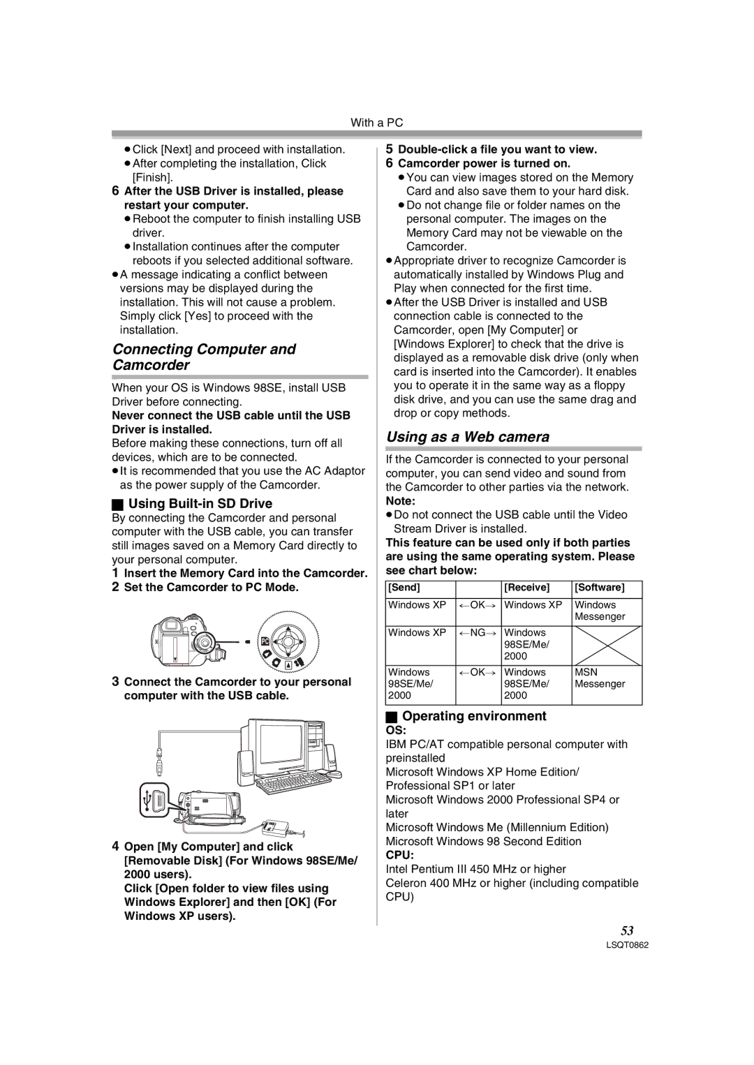 Panasonic PV-GS250 operating instructions Connecting Computer Camcorder, Using as a Web camera, Using Built-in SD Drive 