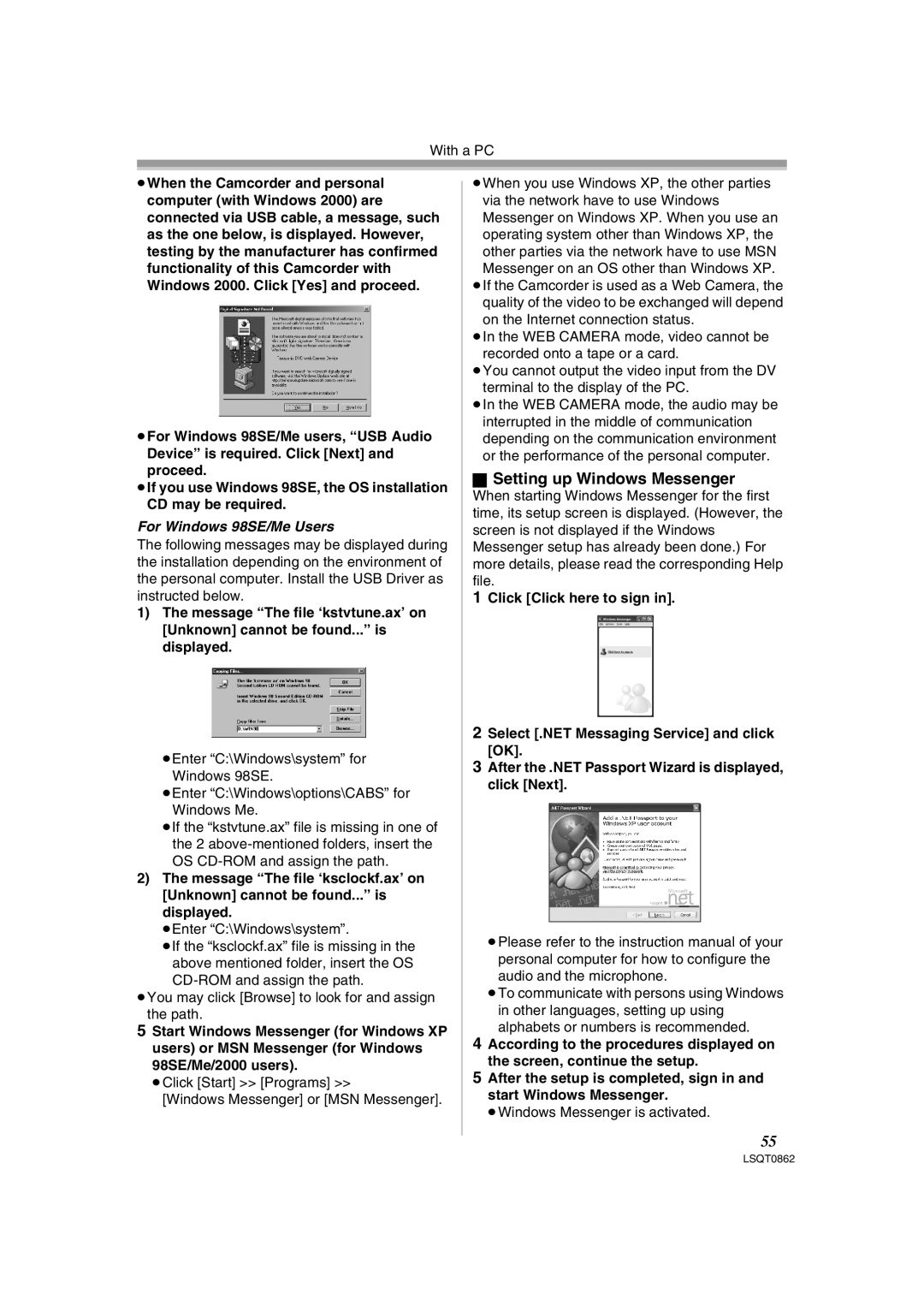 Panasonic PV-GS250 Setting up Windows Messenger, ≥Click Start Programs Windows Messenger or MSN Messenger 