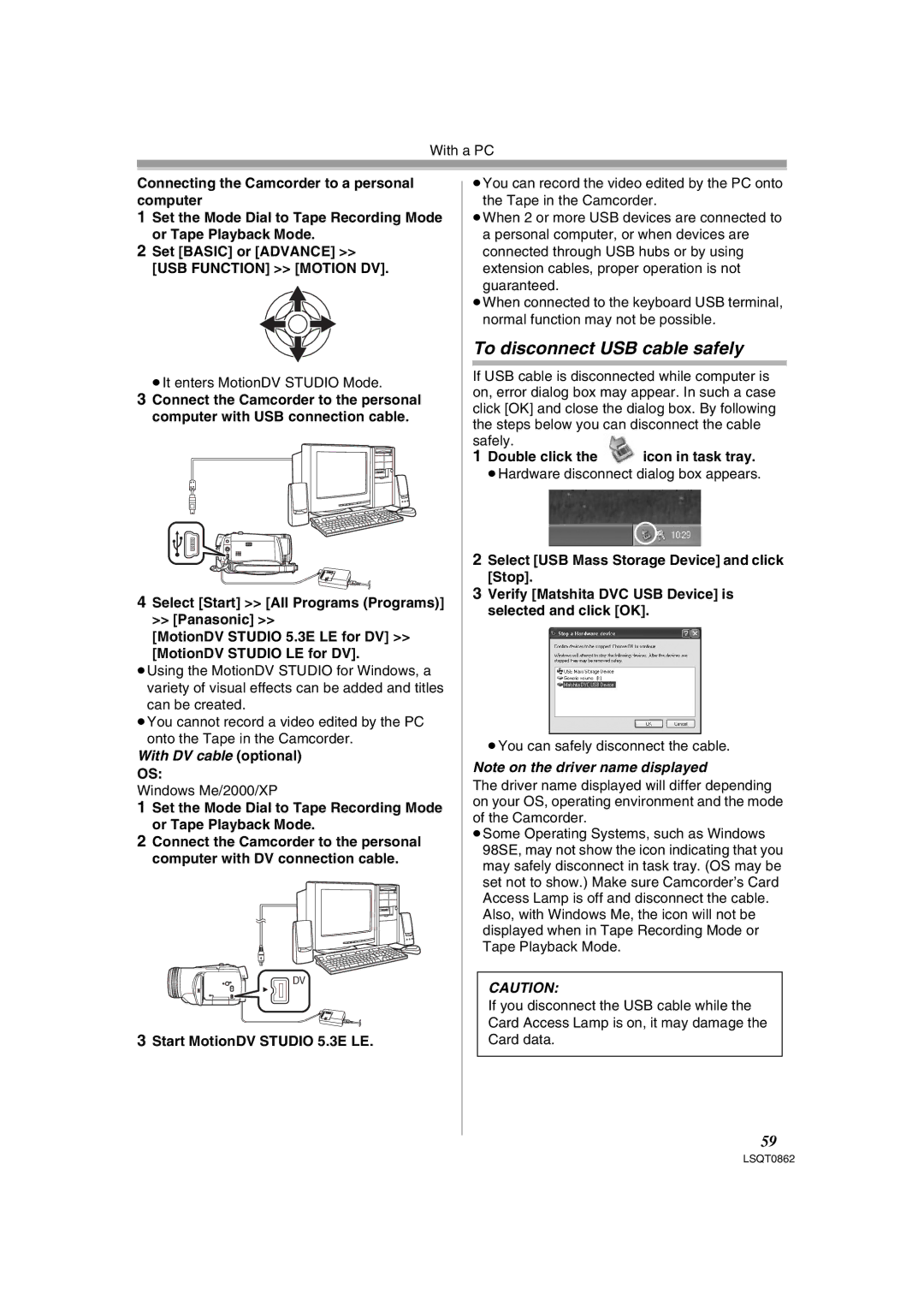 Panasonic PV-GS250 operating instructions To disconnect USB cable safely, Start MotionDV Studio 5.3E LE, Double click 