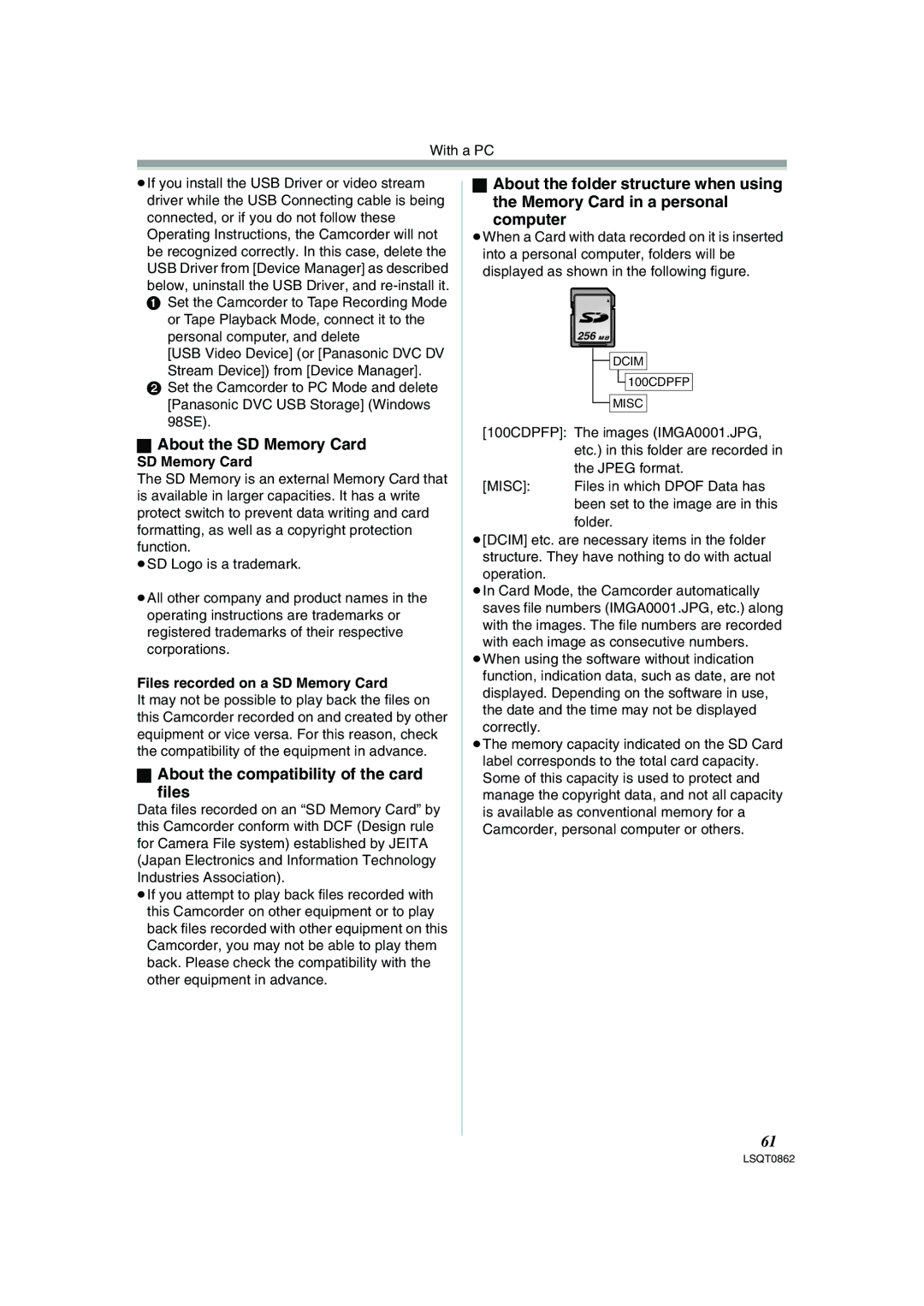 Panasonic PV-GS250 About the SD Memory Card, About the compatibility of the card Files, Files recorded on a SD Memory Card 