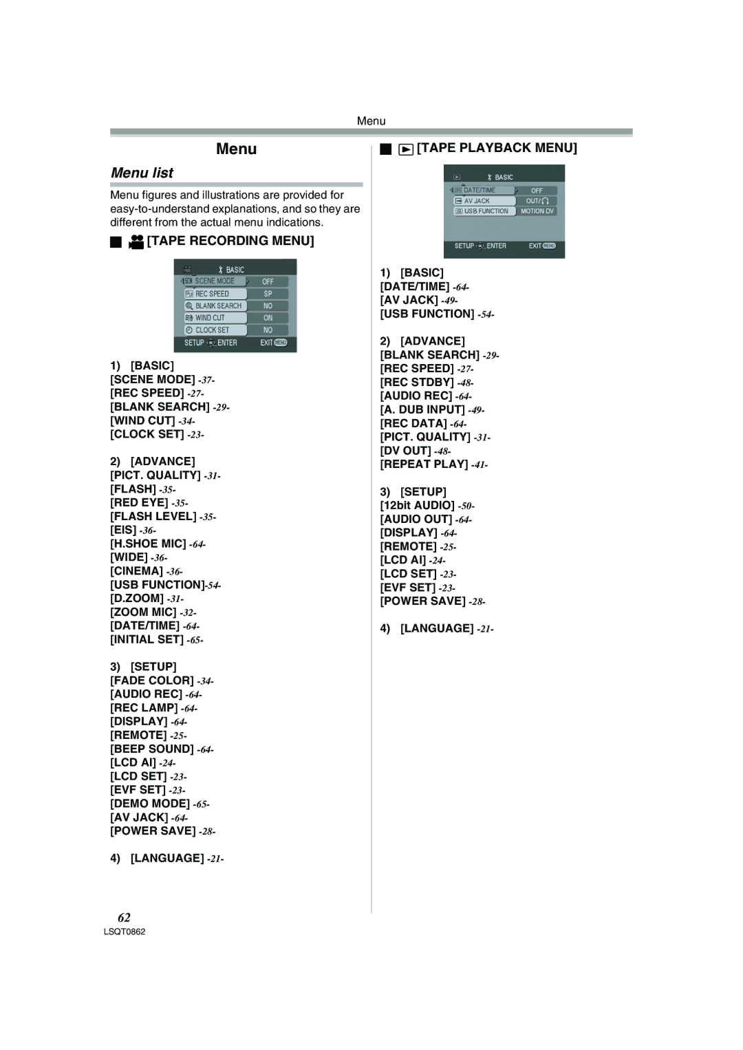 Panasonic PV-GS250 operating instructions Menu list, Tape Recording Menu, Tape Playback Menu, Language 