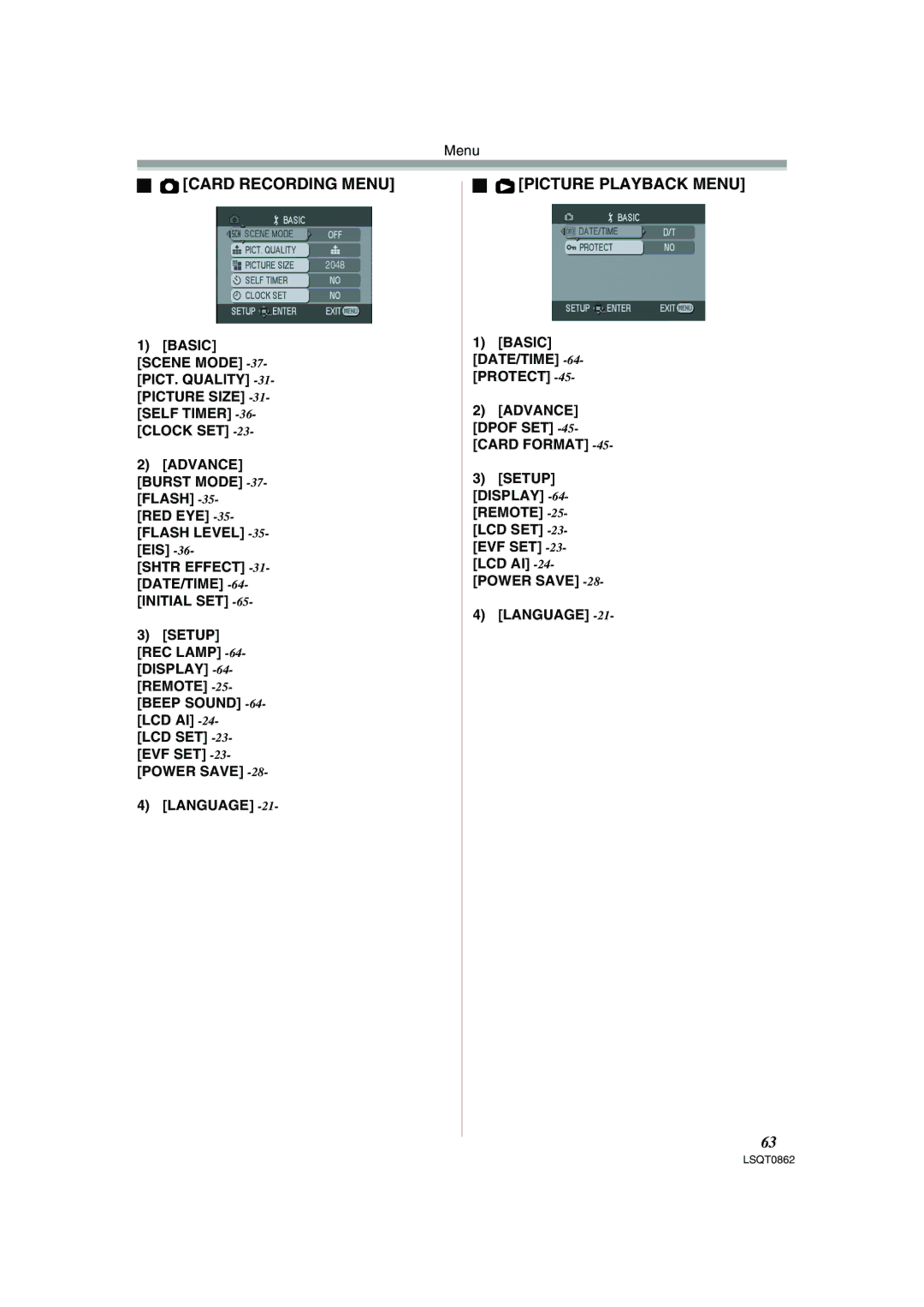 Panasonic PV-GS250 Card Recording Menu, Picture Playback Menu, Basic DATE/TIME -64-PROTECT, Setup Display -64-REMOTE 