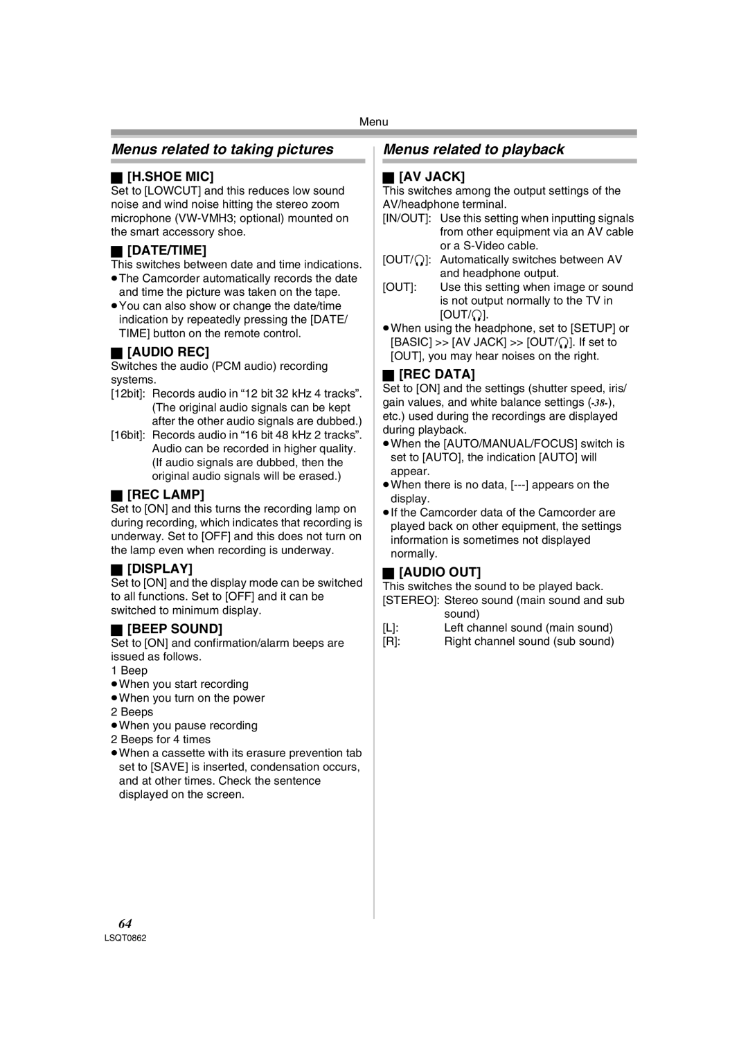 Panasonic PV-GS250 operating instructions Menus related to taking pictures, Menus related to playback 