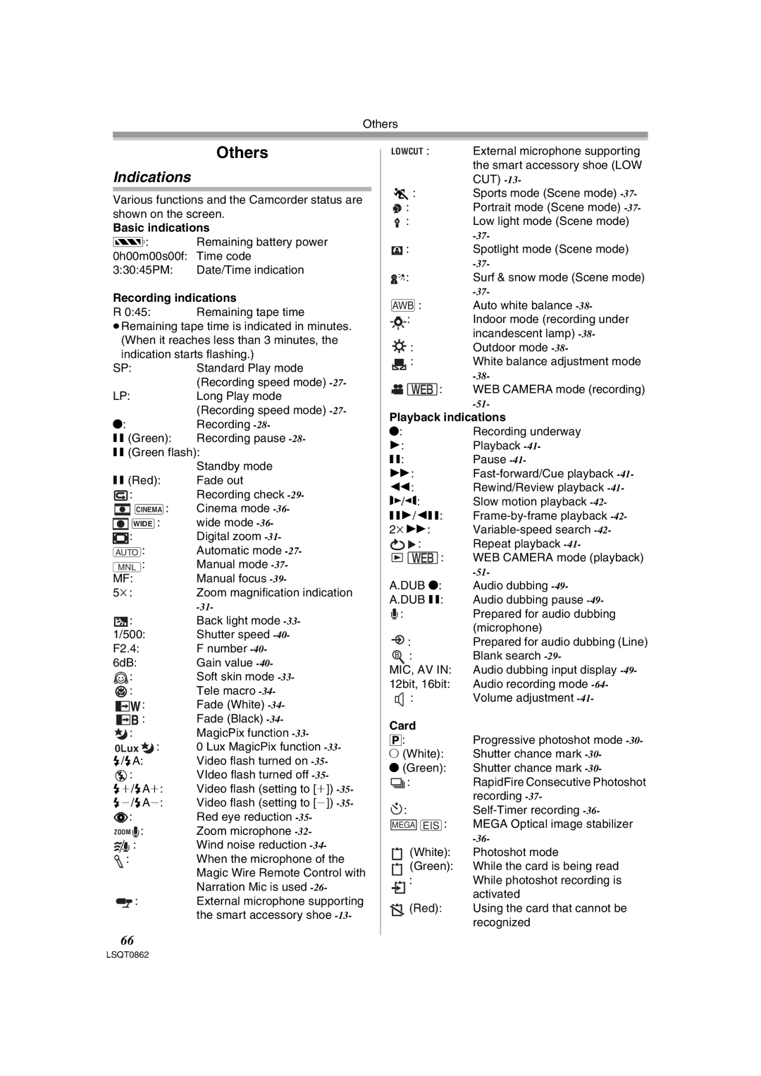 Panasonic PV-GS250 operating instructions Indications, Basic indications, Recording indications, Playback indications, Card 