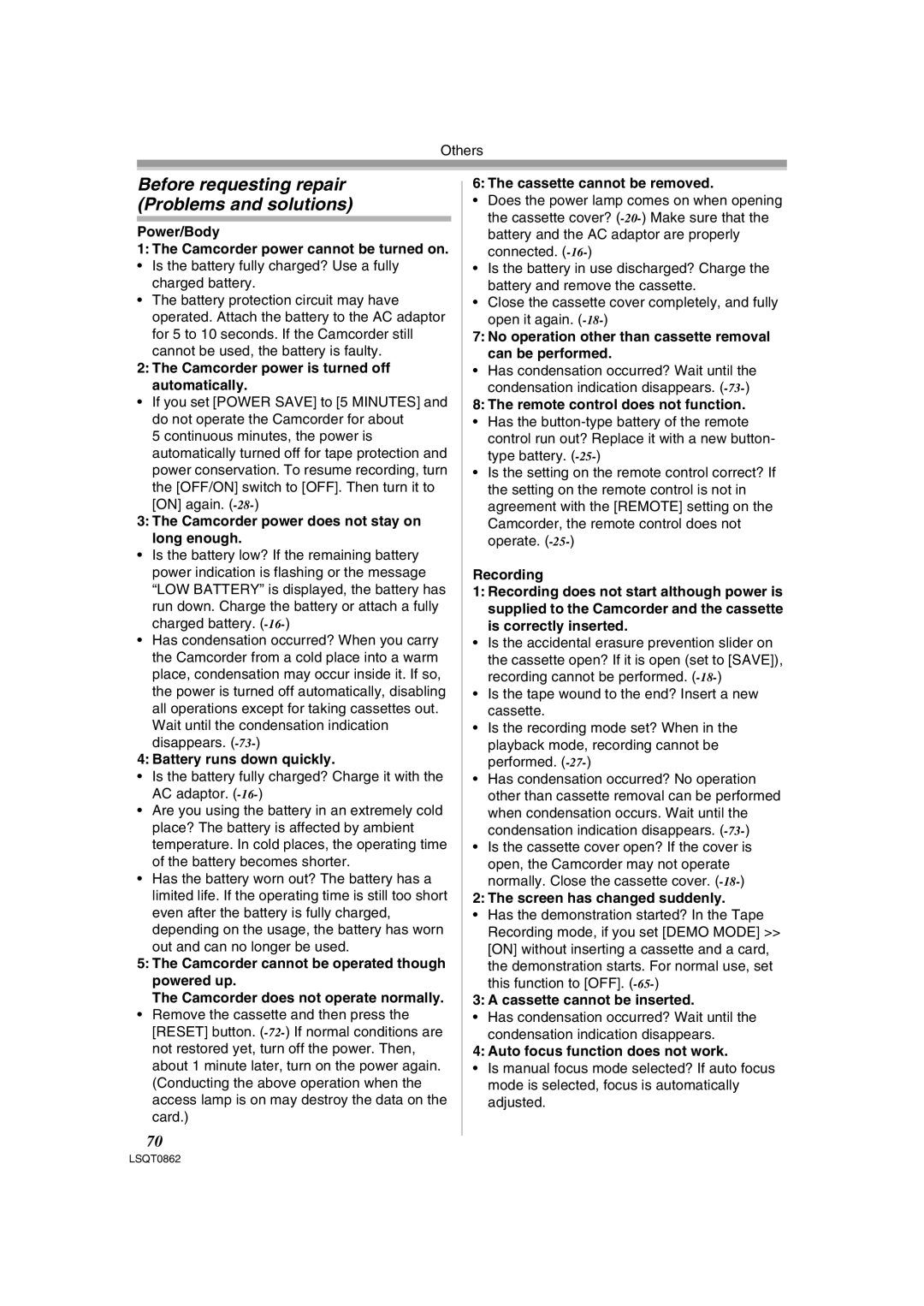 Panasonic PV-GS250 operating instructions Before requesting repair Problems and solutions 