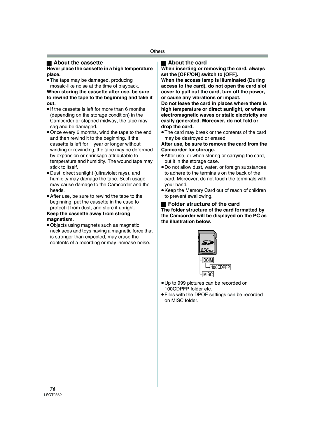 Panasonic PV-GS250 operating instructions About the cassette, About the card, Folder structure of the card 