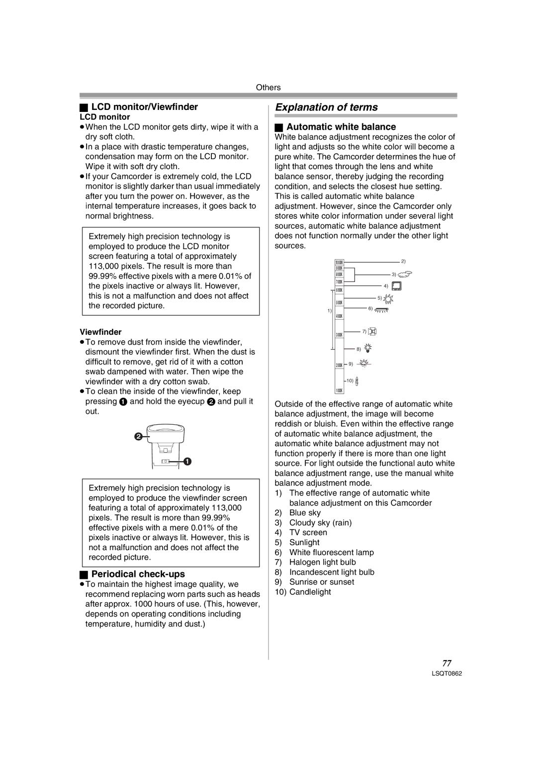 Panasonic PV-GS250 Explanation of terms, LCD monitor/Viewfinder, Periodical check-ups, Automatic white balance 