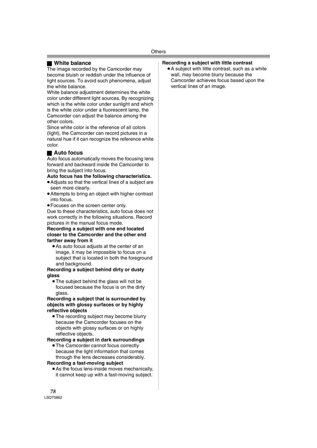 Panasonic PV-GS250 operating instructions White balance, Auto focus 