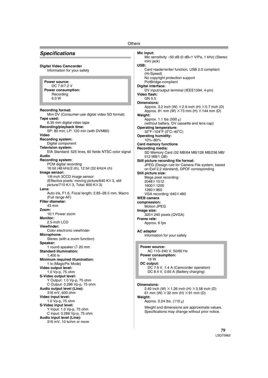 Panasonic PV-GS250 operating instructions Specifications, Image sensor 