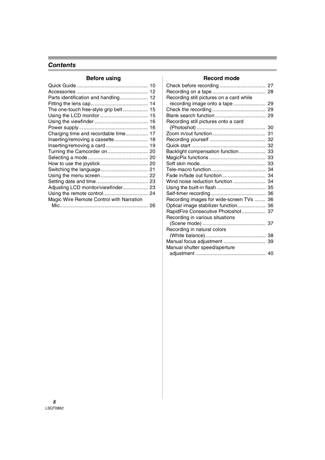 Panasonic PV-GS250 operating instructions Contents 