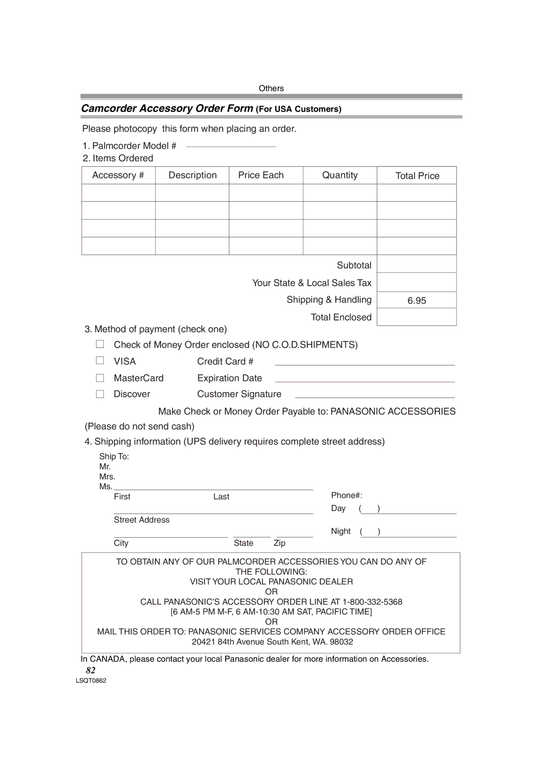 Panasonic PV-GS250 operating instructions Camcorder Accessory Order Form For USA Customers, Visa 