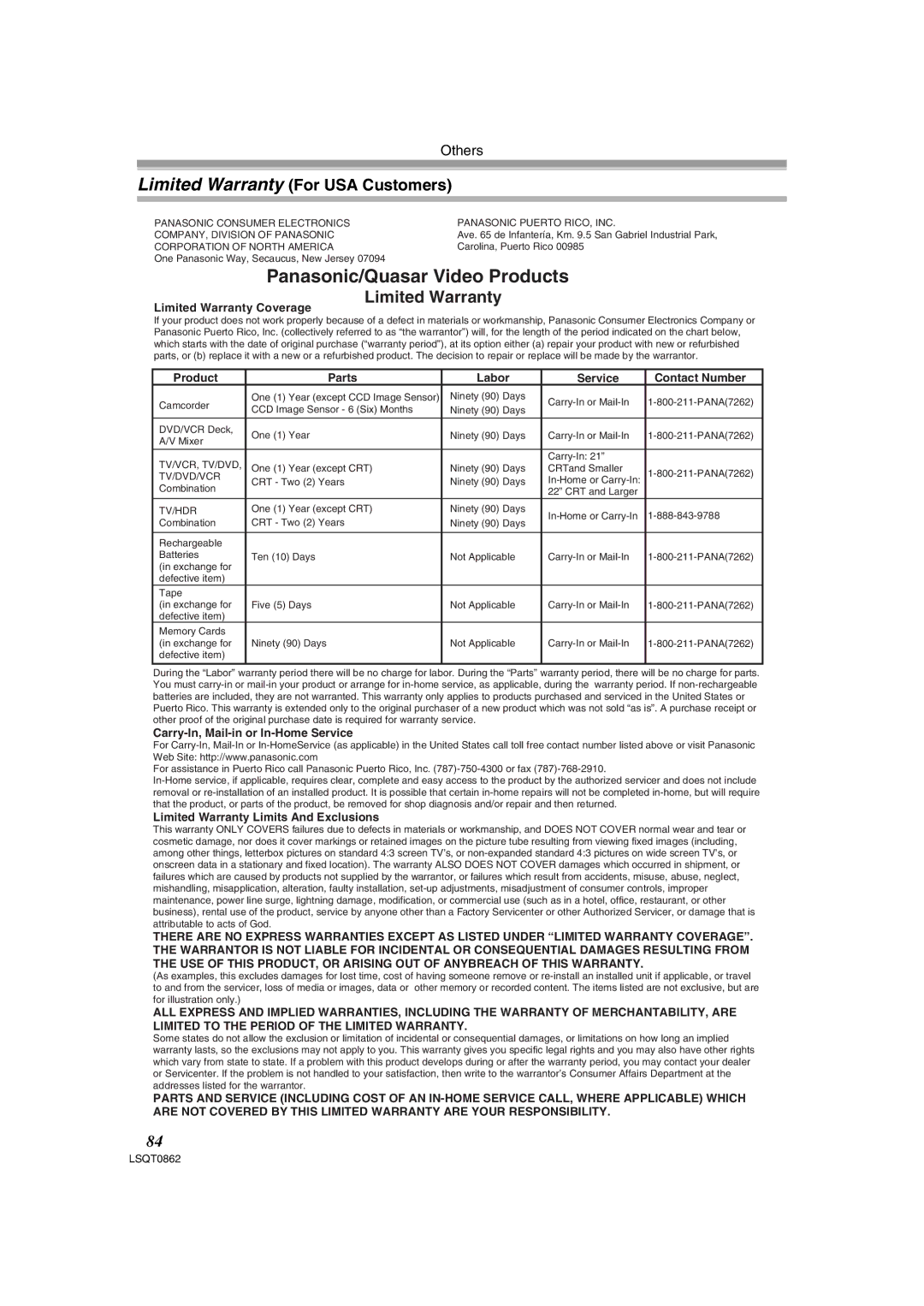 Panasonic PV-GS250 operating instructions Panasonic/Quasar Video Products, Limited Warranty For USA Customers 