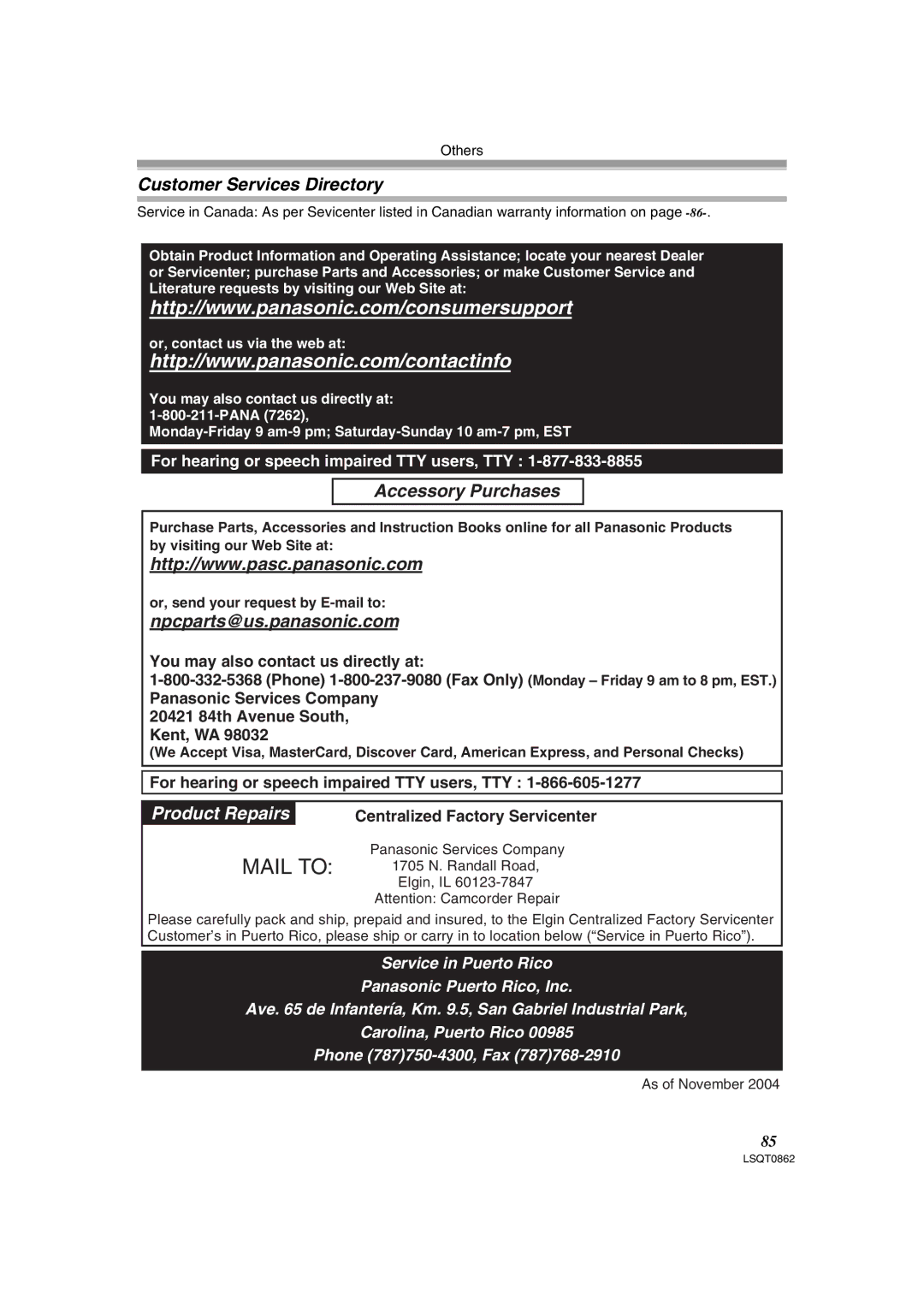 Panasonic PV-GS250 operating instructions Customer Services Directory, Accessory Purchases, Npcparts@us.panasonic.com 