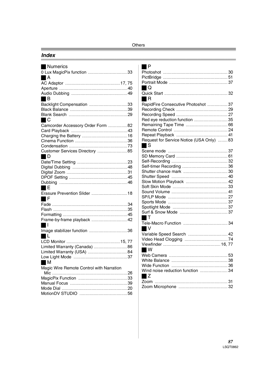 Panasonic PV-GS250 operating instructions Index, Numerics 