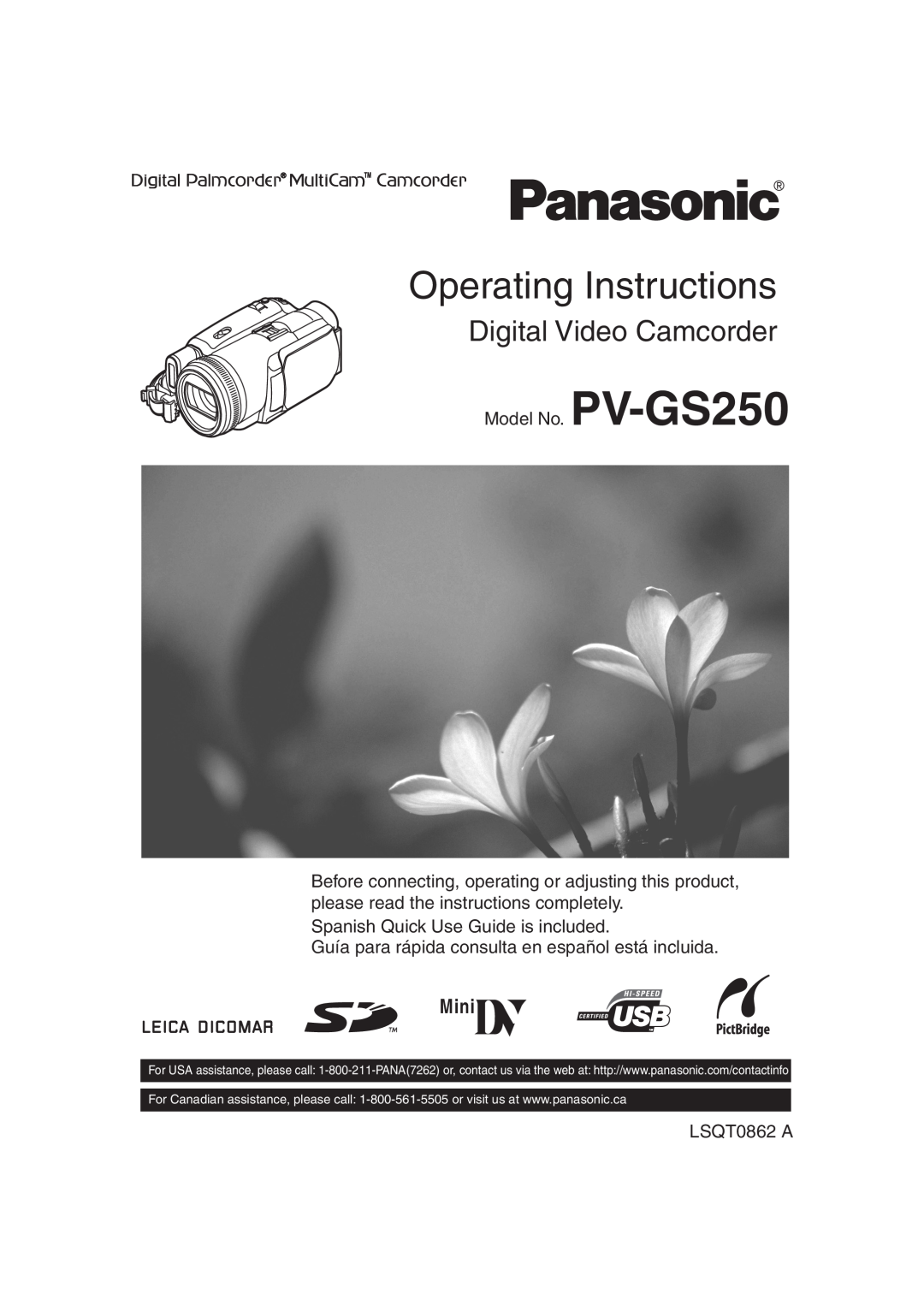 Panasonic PV-GS250 operating instructions Mini, Operating Instructions, Digital Video Camcorder 