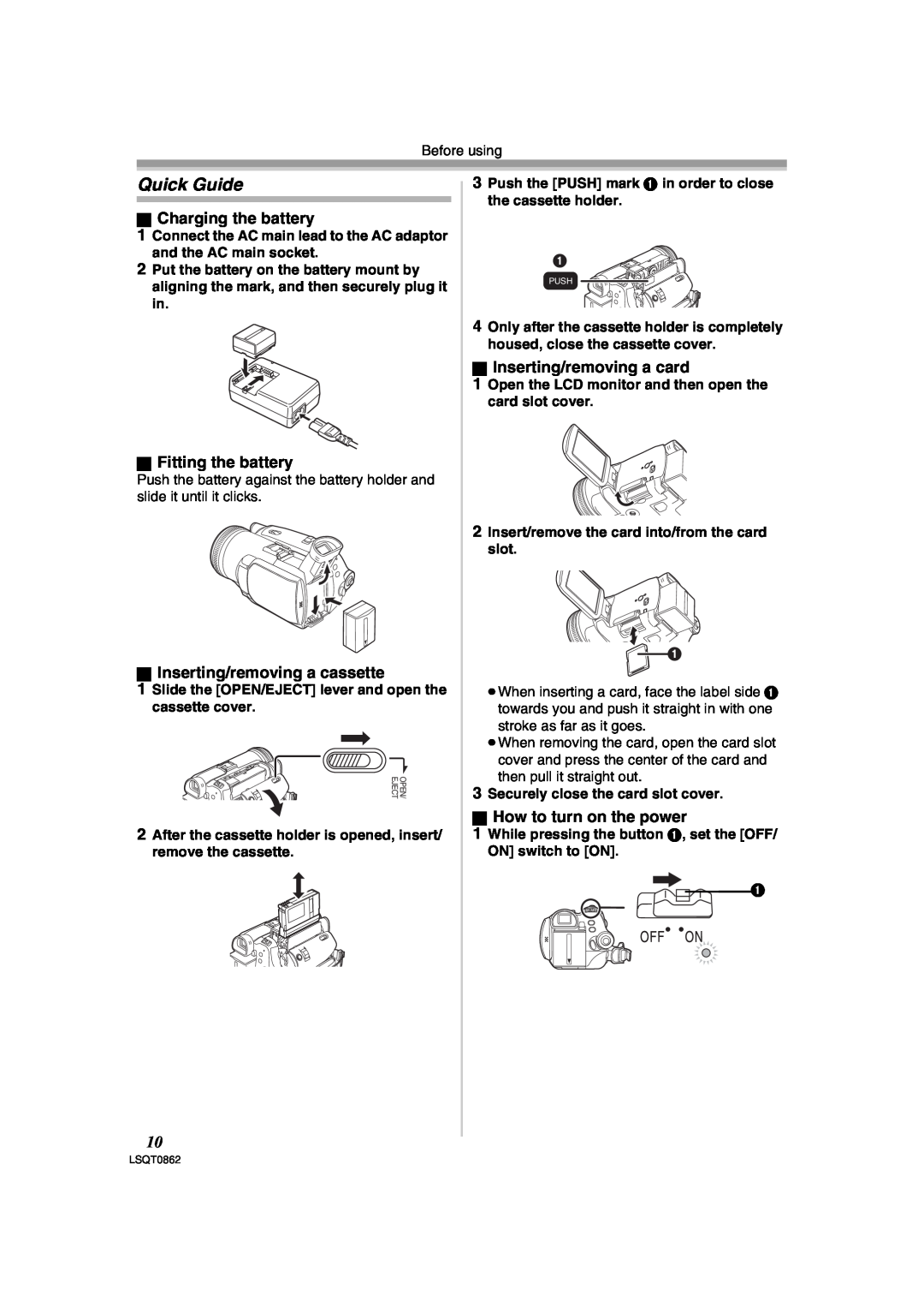 Panasonic PV-GS250 Quick Guide, ª Charging the battery, ª Fitting the battery, ª Inserting/removing a cassette 