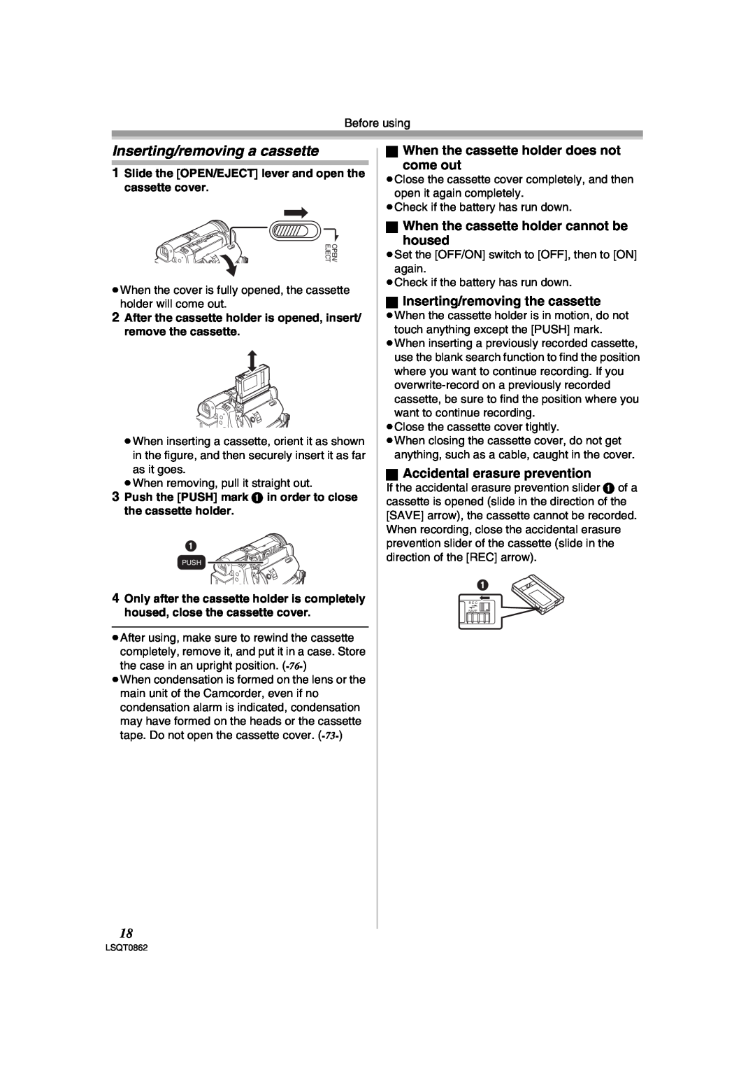 Panasonic PV-GS250 operating instructions Inserting/removing a cassette, ª When the cassette holder does not come out 