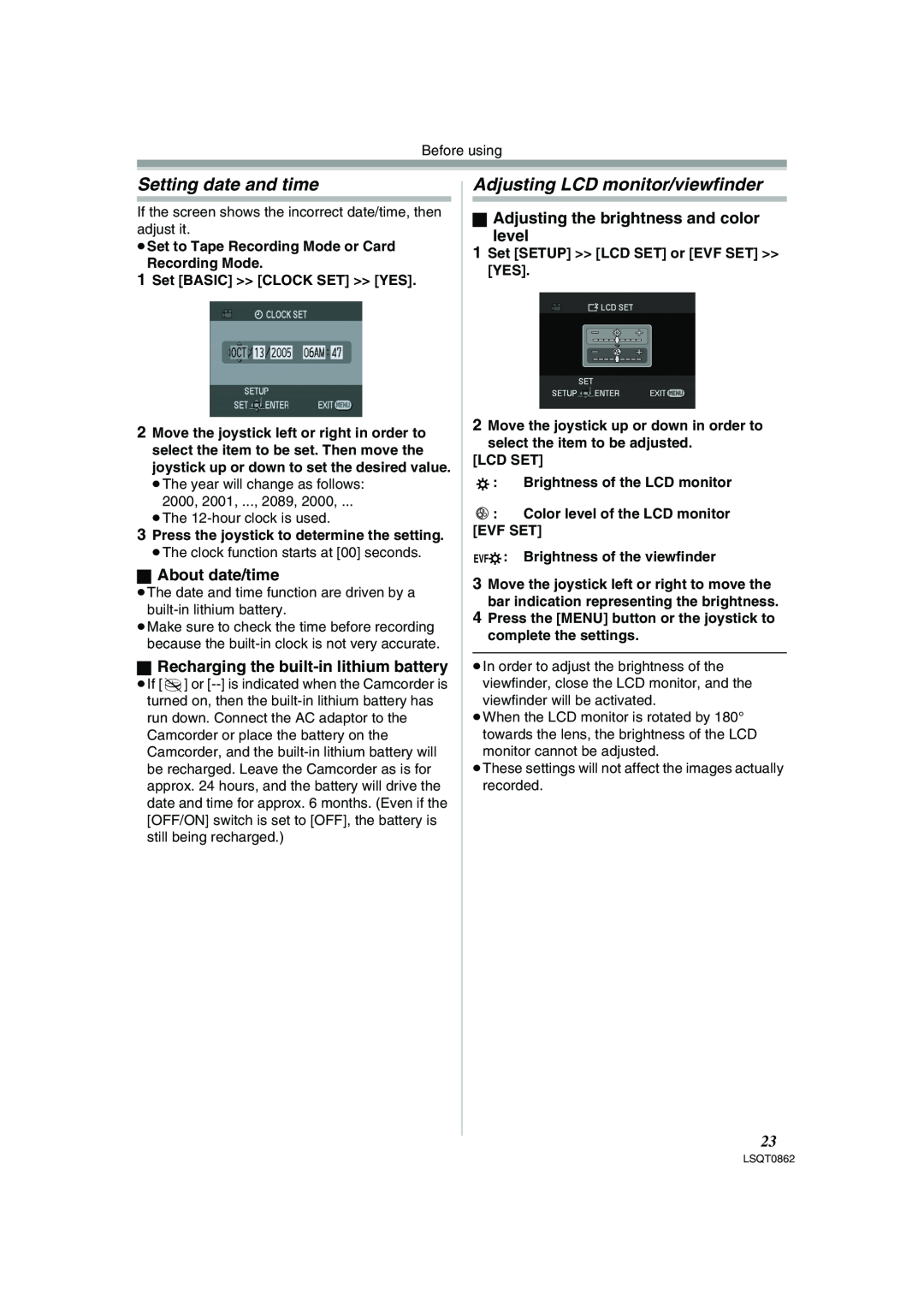 Panasonic PV-GS250 Setting date and time, Adjusting LCD monitor/viewfinder, ª About date/time, Set BASIC CLOCK SET YES 