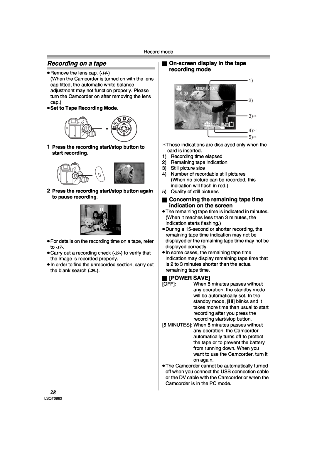 Panasonic PV-GS250 operating instructions Recording on a tape, ª On-screen display in the tape recording mode, ª Power Save 