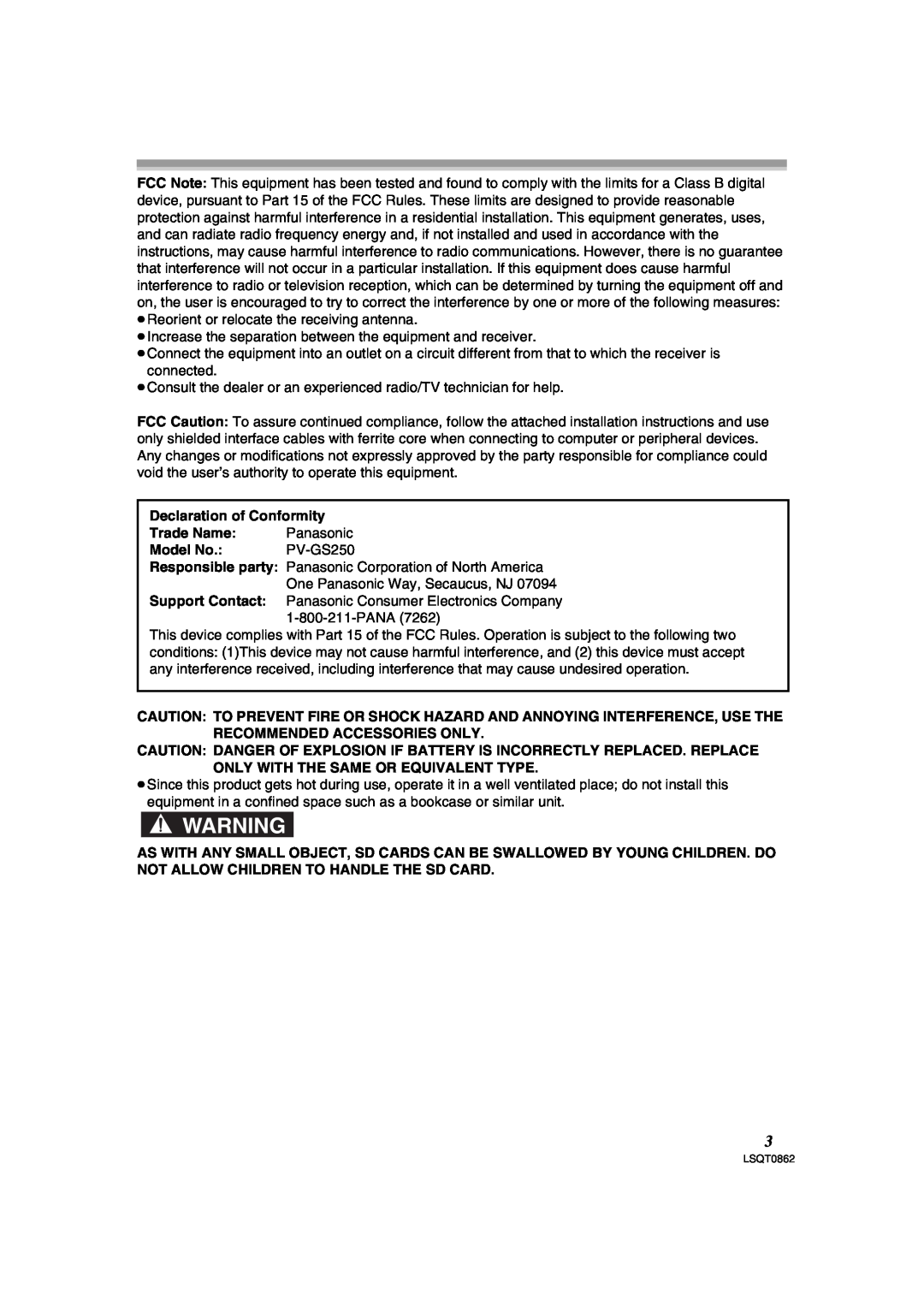 Panasonic PV-GS250 operating instructions Declaration of Conformity, Trade Name, Panasonic, Model No 