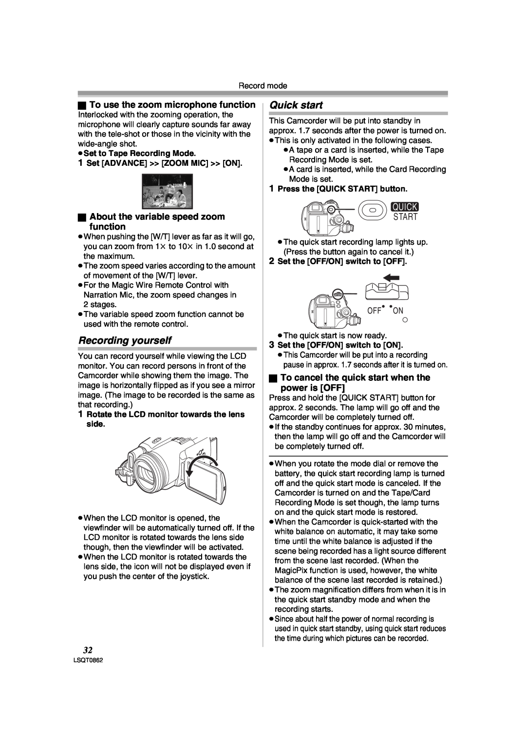 Panasonic PV-GS250 operating instructions Recording yourself, Quick start, ª To use the zoom microphone function, Start 