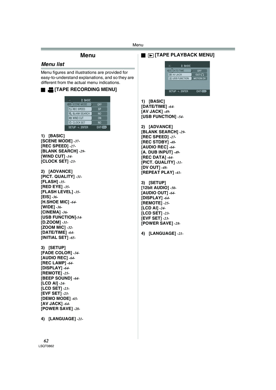 Panasonic PV-GS250 operating instructions Menu list, ª Tape Recording Menu, ª Tape Playback Menu, Setup, Language 