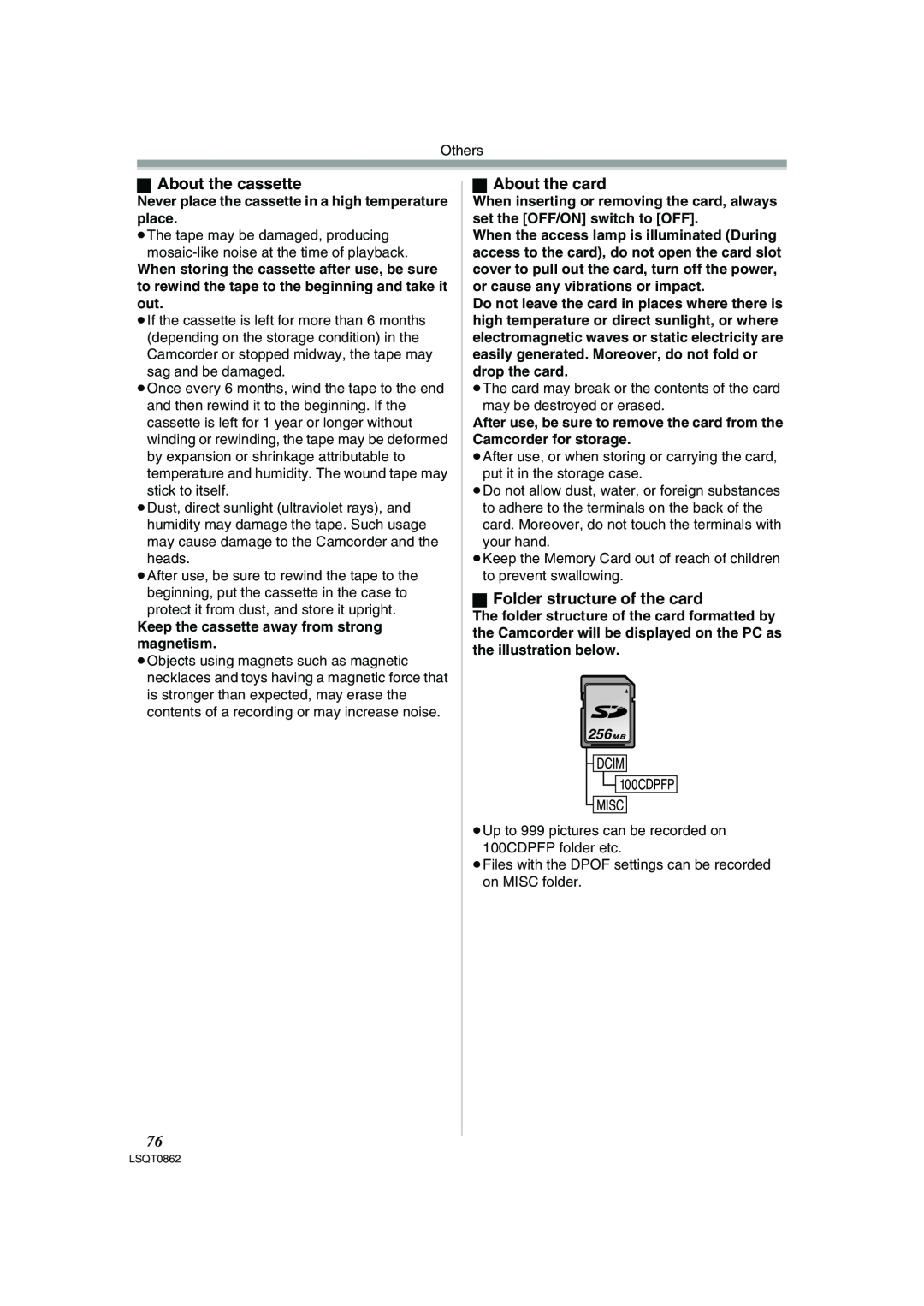 Panasonic PV-GS250 operating instructions ª About the cassette, ª About the card, ª Folder structure of the card 
