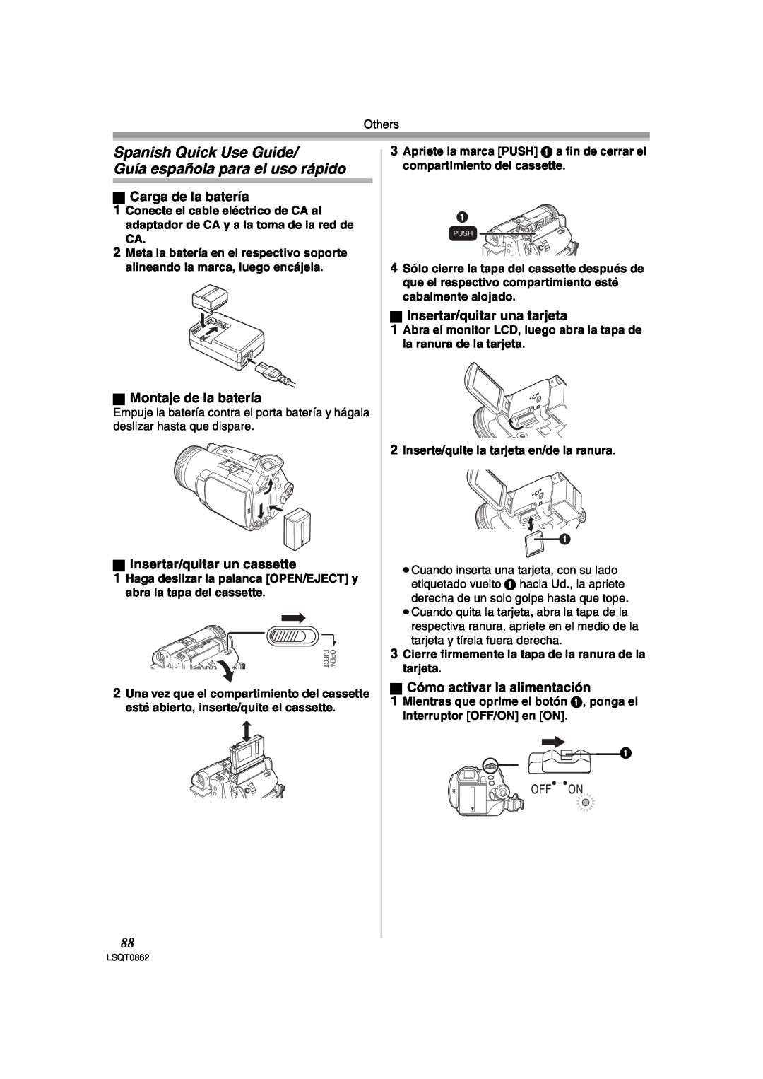 Panasonic PV-GS250 operating instructions Spanish Quick Use Guide Guía española para el uso rápido, ª Carga de la batería 