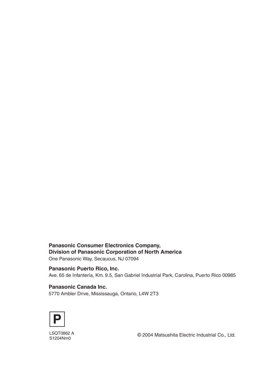 Panasonic PV-GS250 Panasonic Consumer Electronics Company, Division of Panasonic Corporation of North America 