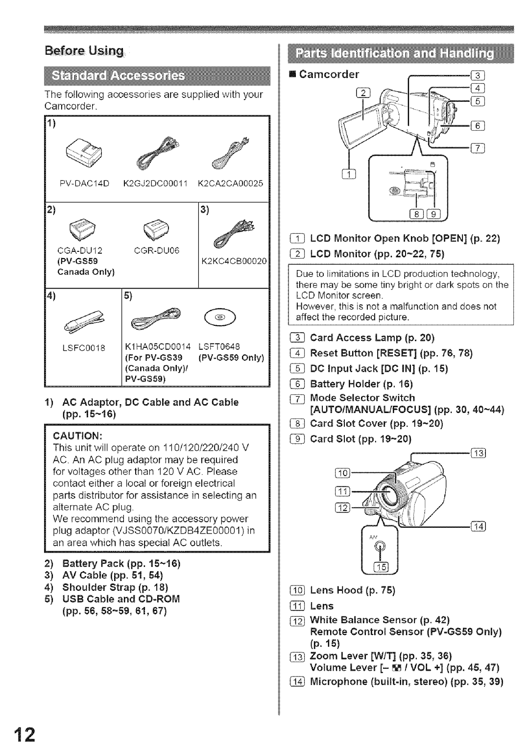 Panasonic PV-GS29, PV-GS39 AV Cable pp, USB Cable and CD=ROM, AUTO/MANUAL/FOCUS pp, Lens Hood p, Zoom Lever W/T pp 