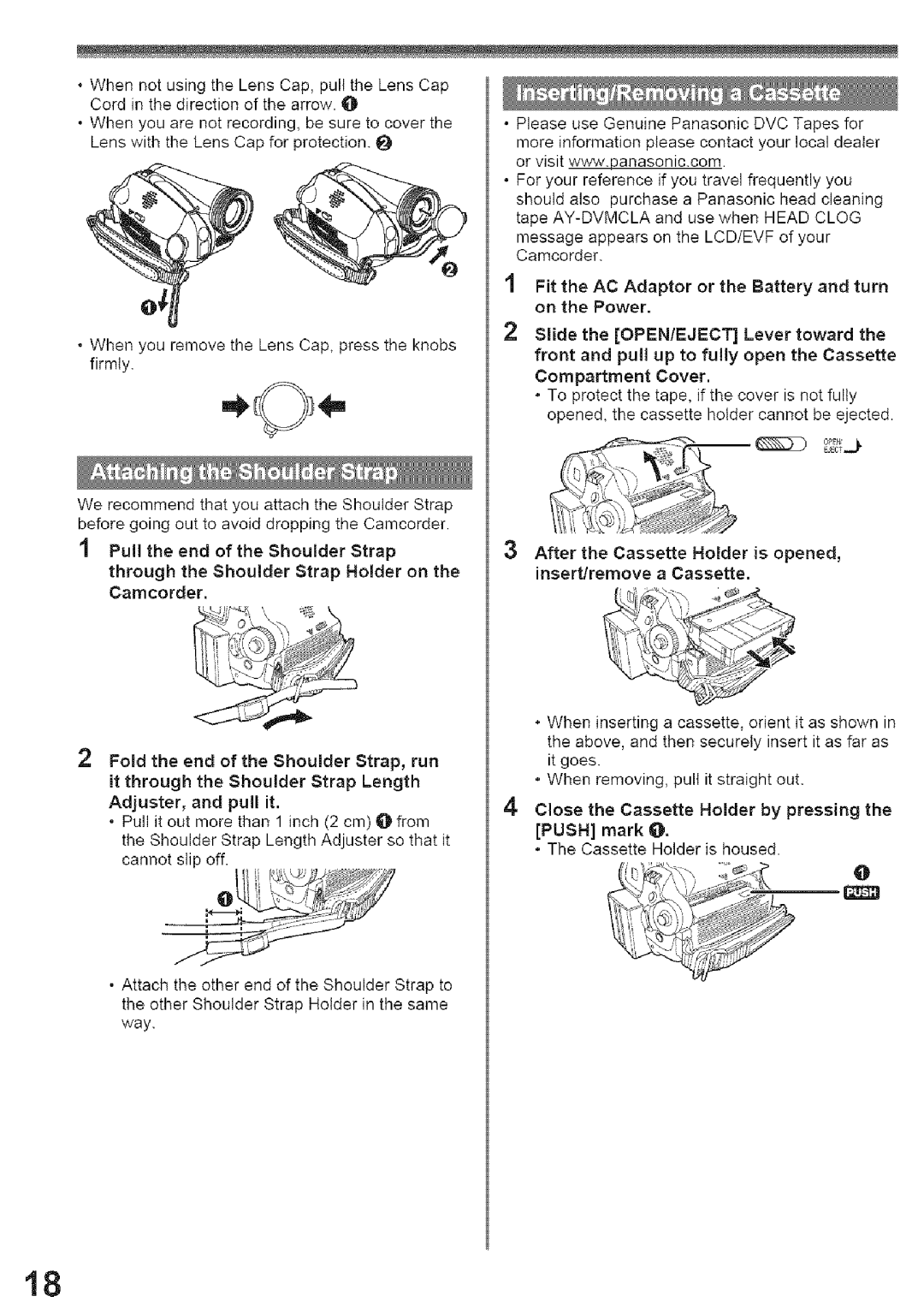 Panasonic PV-GS29, PV-GS39 Close the Cassette Holder by pressing, Push mark @, Cassette Holder is housed 