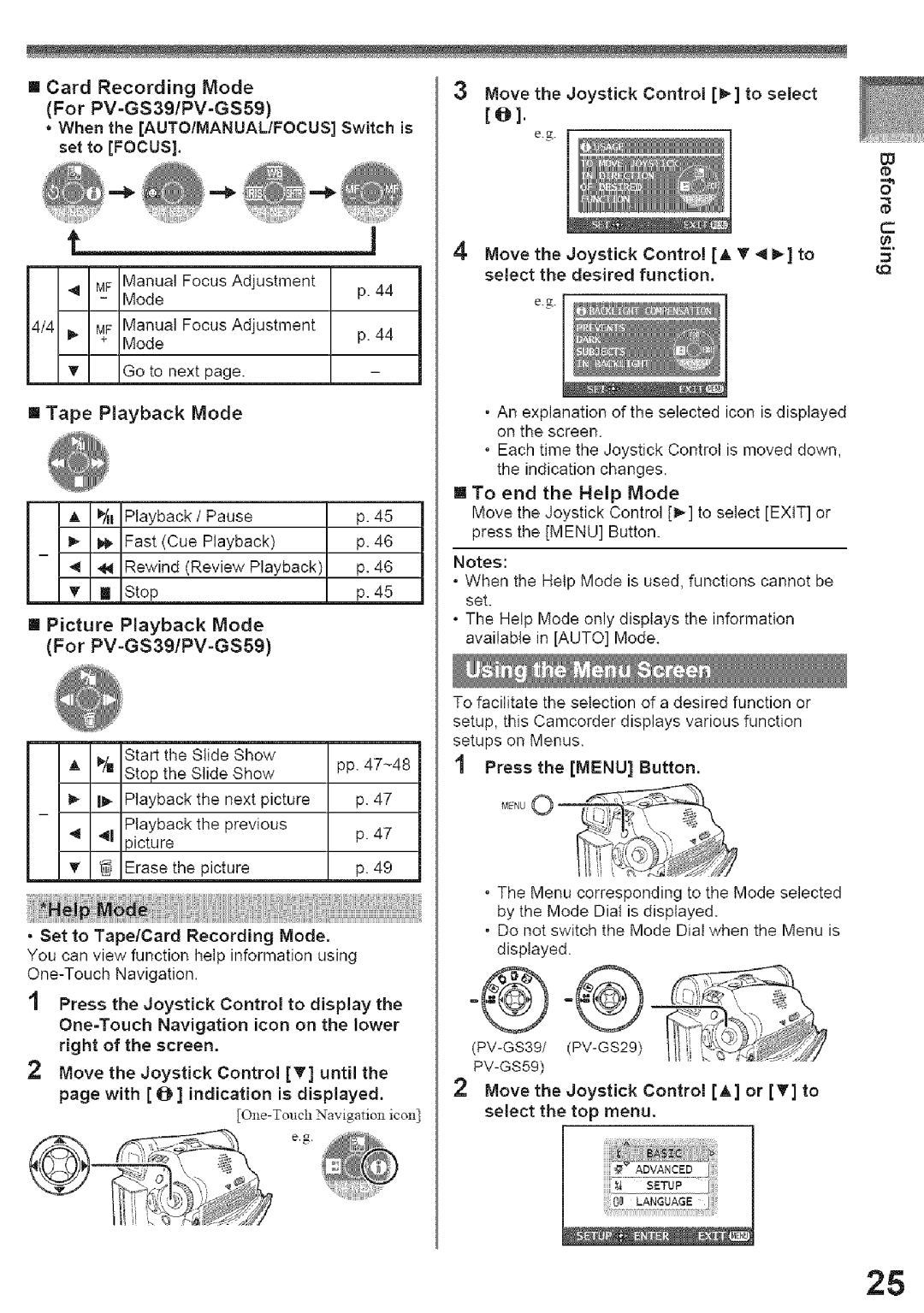 Panasonic PV-GS39 III Card Recording, Mode, For, PV=GS39/PV-GS59, When the AUTO/MANUAL/FOCUS Switch is Set to Focus 