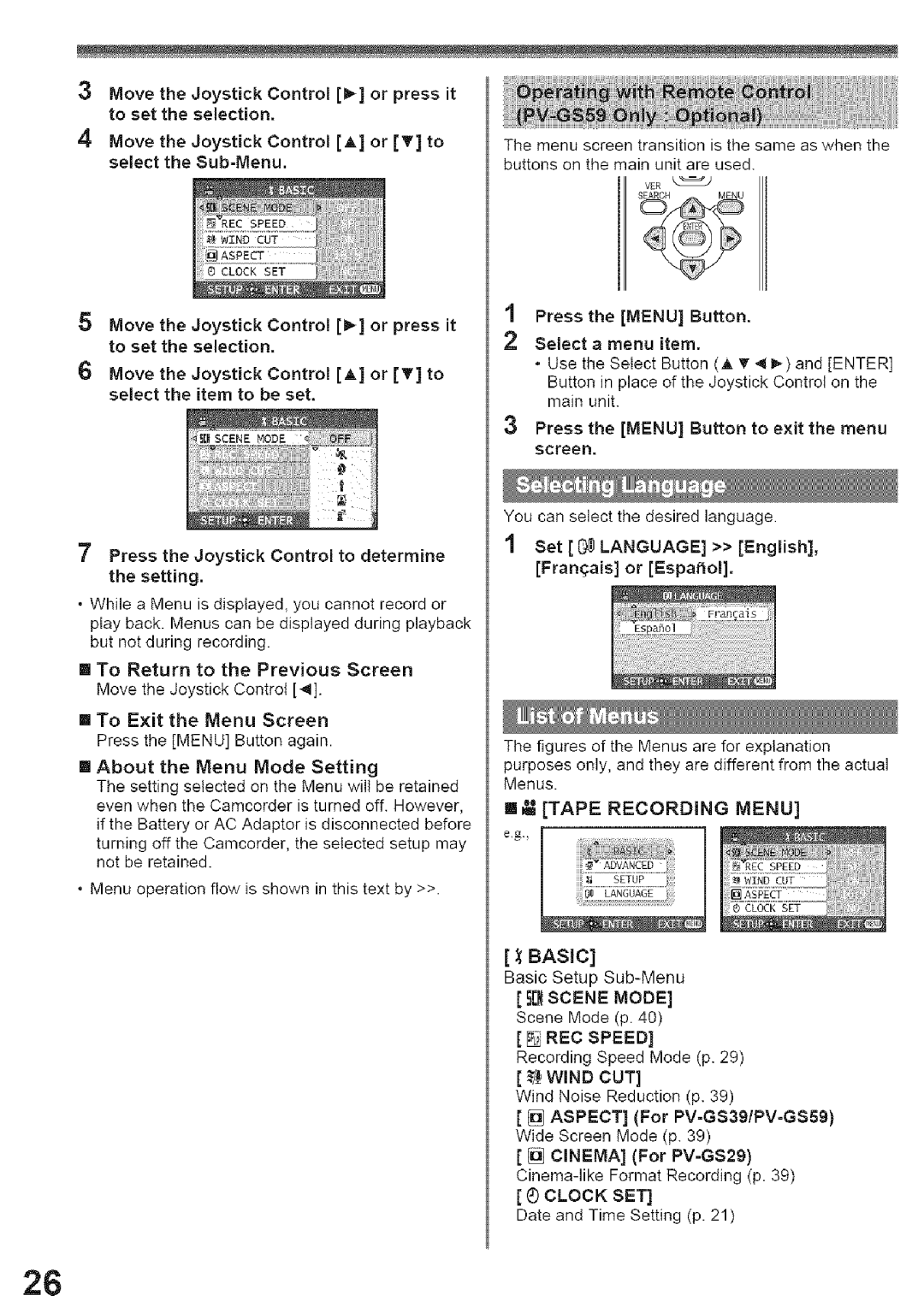 Panasonic PV-GS29, PV-GS39 Move the Joystick Control a or T to select the Sub=Menu, Select a menu item 