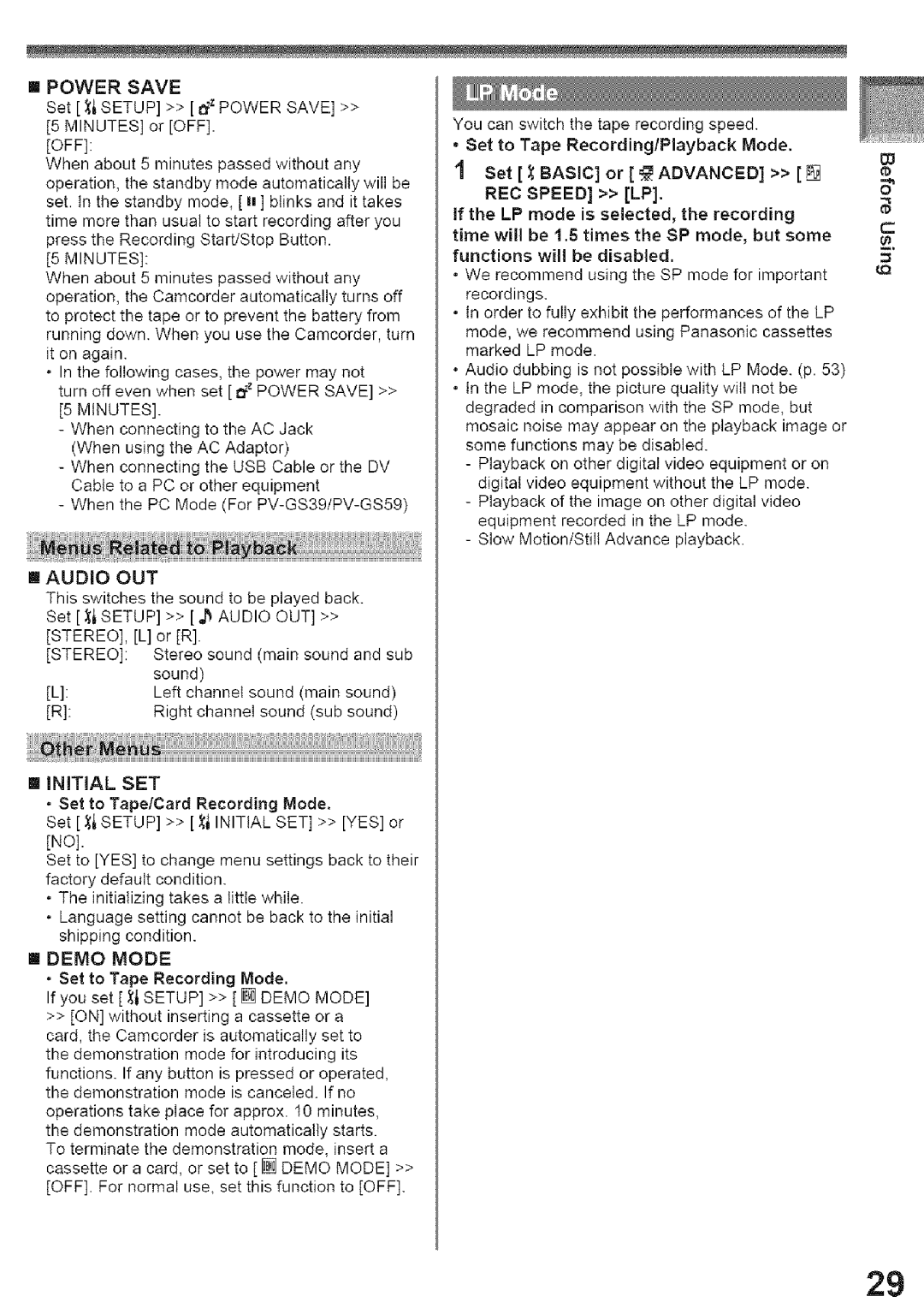 Panasonic PV-GS39, PV-GS29 operating instructions Set Setup Inital SET YES or no, Set to Tape Recording Mode 