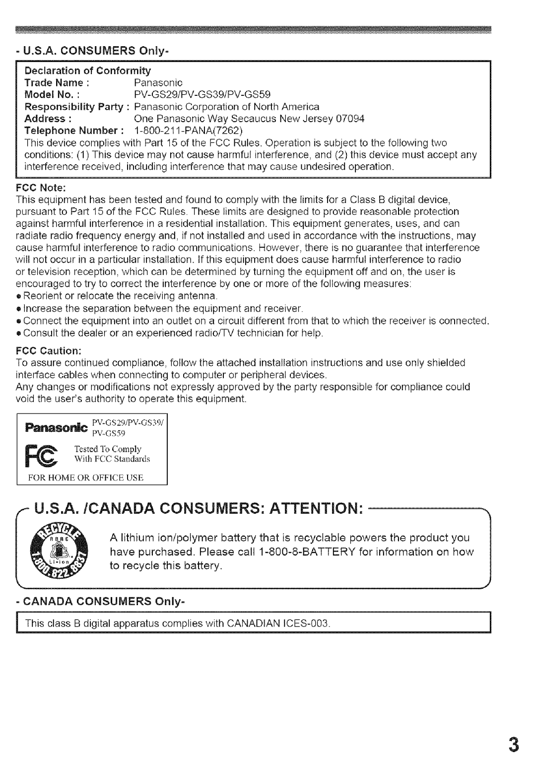 Panasonic PV-GS39, PV-GS29 operating instructions Declaration Conformity, Model, Fcc, Canadian ICES-003 