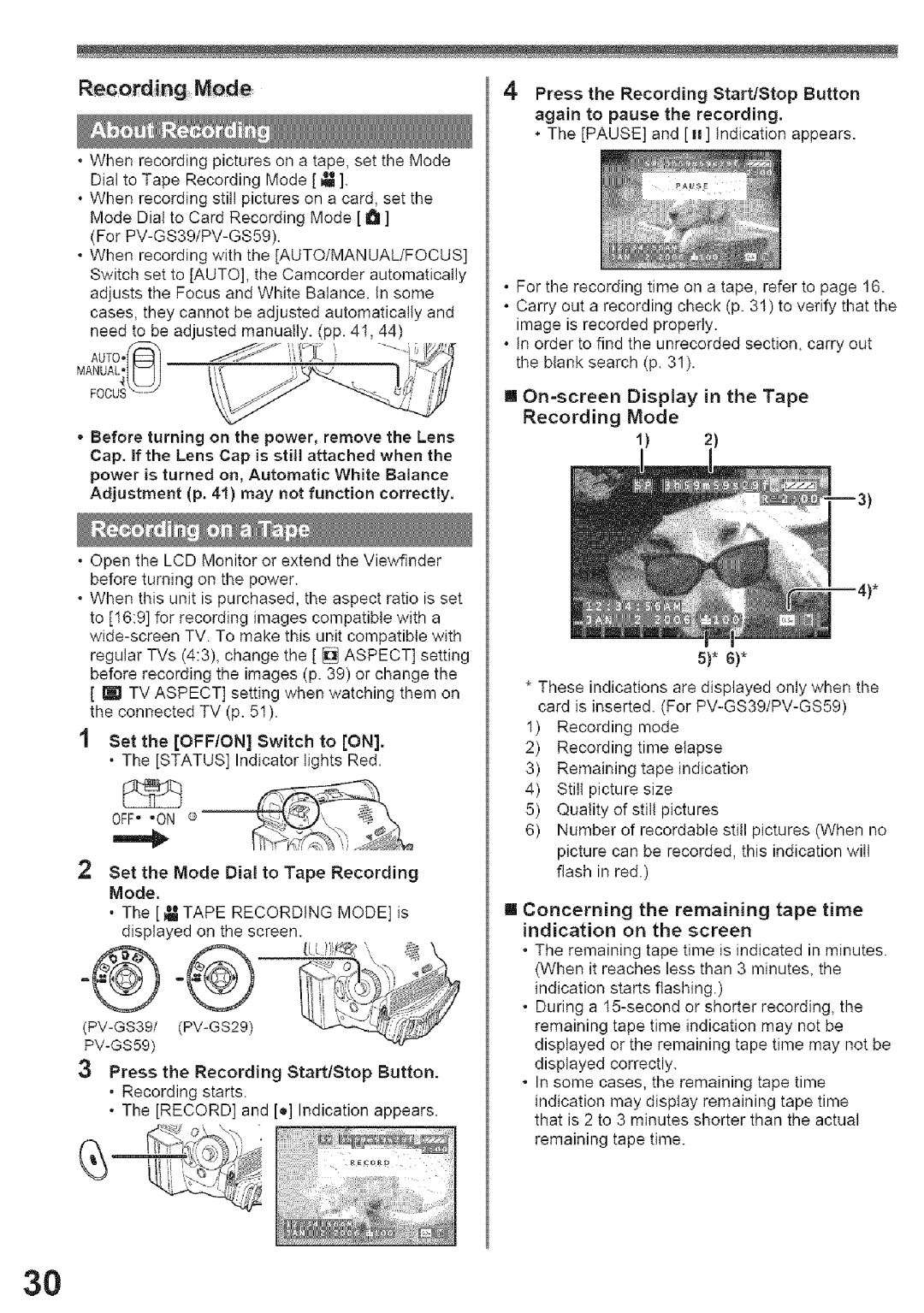 Panasonic PV-GS29, PV-GS39 operating instructions Press the Recording Start/Stop Sutton, Focu 