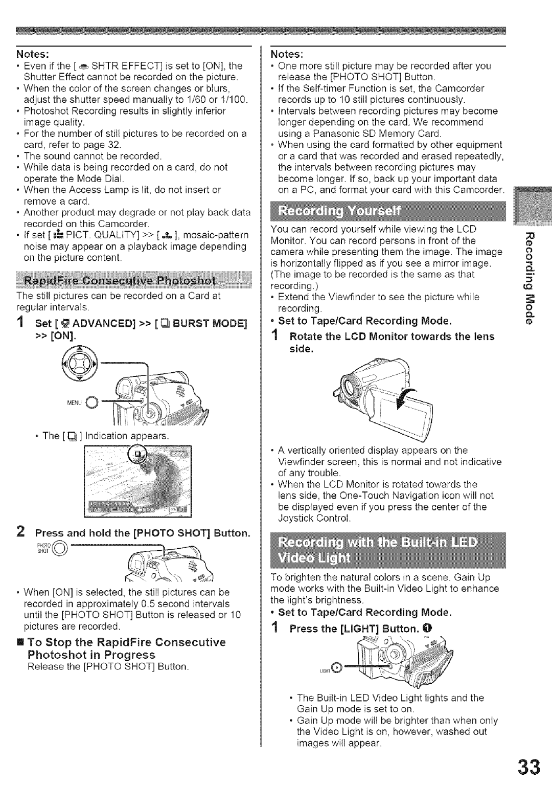 Panasonic PV-GS39, PV-GS29 operating instructions Press and hold the Photo Shot Button, Set to Tape/Card Recording Mode 