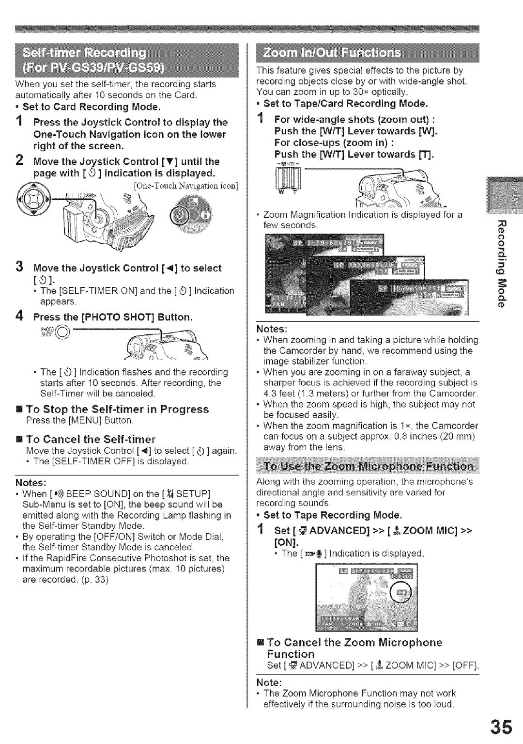 Panasonic PV-GS39, PV-GS29 II To Stop the Self-timer in Progress Press the Menu Button, Self-Timer Off 