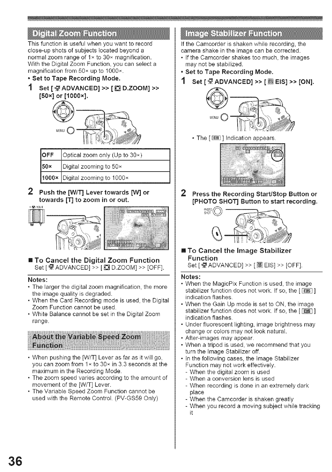 Panasonic PV-GS29, PV-GS39 Indication appears, Ill To Cancel the Image Stabilizer, Function, Set Advanced EIS OFF 