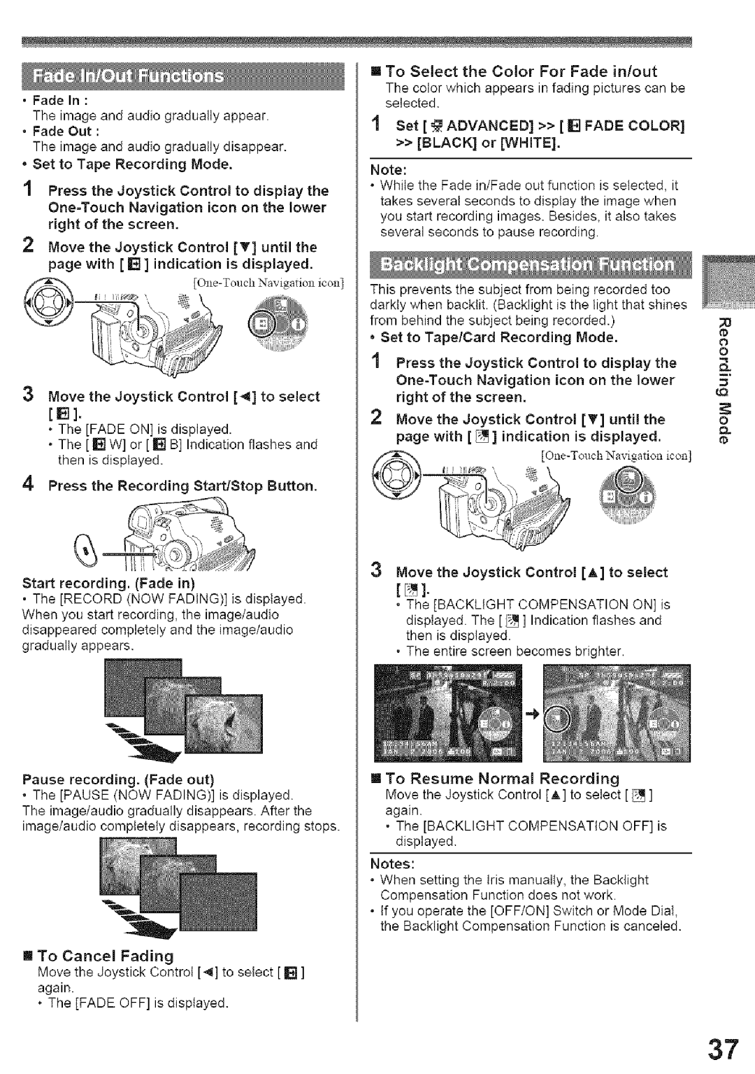 Panasonic PV-GS39, PV-GS29 operating instructions Fade, Press, With Indication, Record NOW Fading, Image/audio 